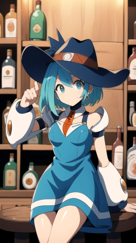 RiCO MegamanXD, 1 girl, looking at viewer, sitting on a stool, leaning on a bottle of tequila in her hand, cowboy dress, cowboy hat, watch on right arm