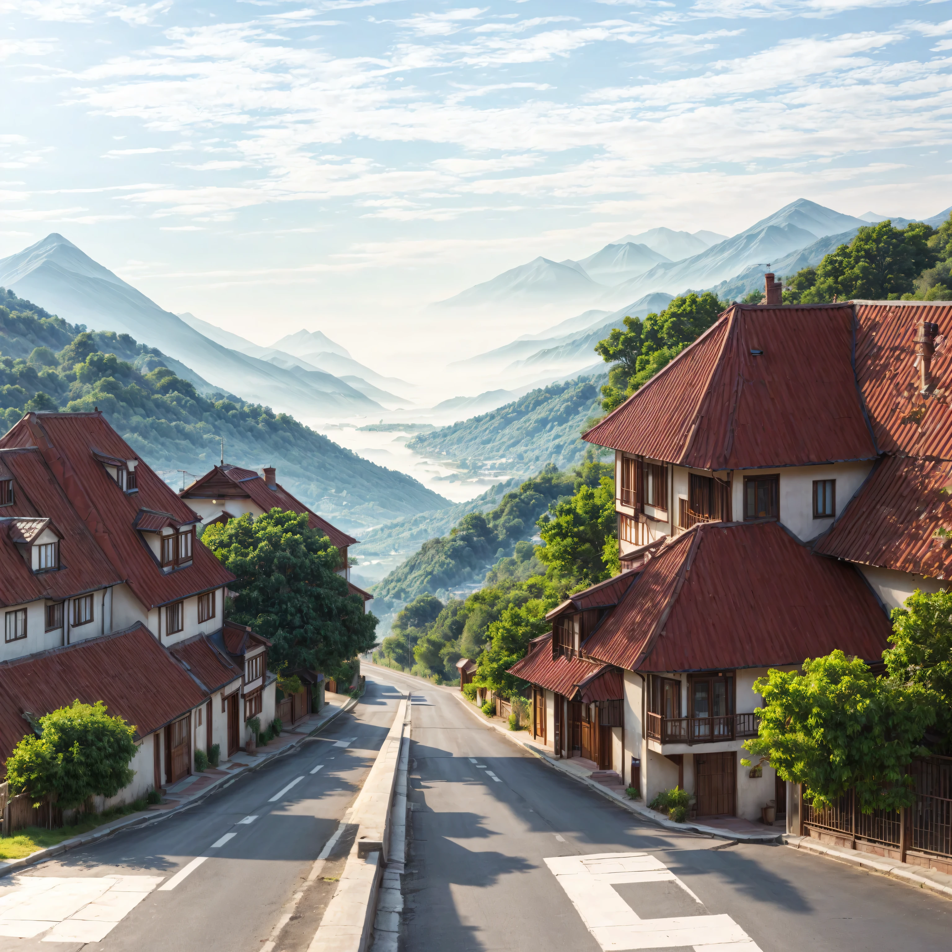 (no human), landscape, bluesky, hazy mountains in distance, houses, red roofs, street