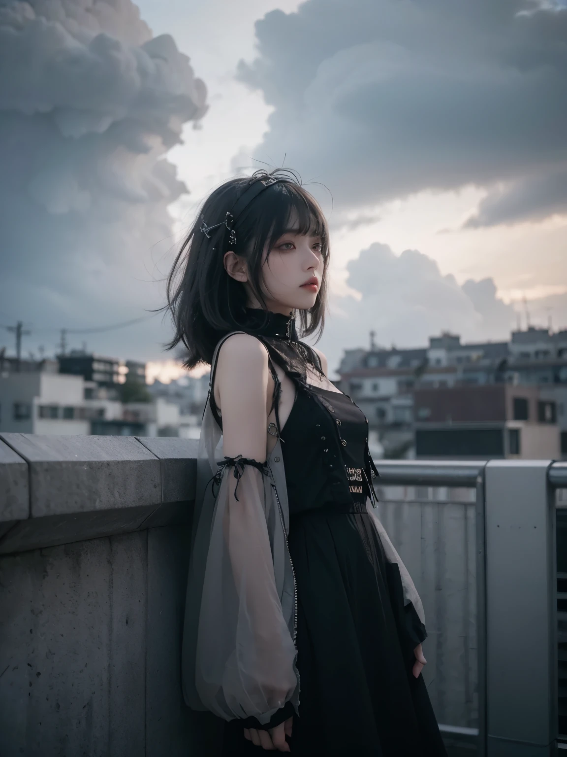 from below, minimum, harmony, tranquility, aesthetic, grey sky, cloudy sky, in Rooftop, obscure light and shadow, 1 girl, 24-years-old, slender, floating Medium Hair, bangs, (Gothic_Punk:1.2), masterpiece, best quality, RAW Photos, sigma 50mm f1.4, candytt, Detailed costume, 