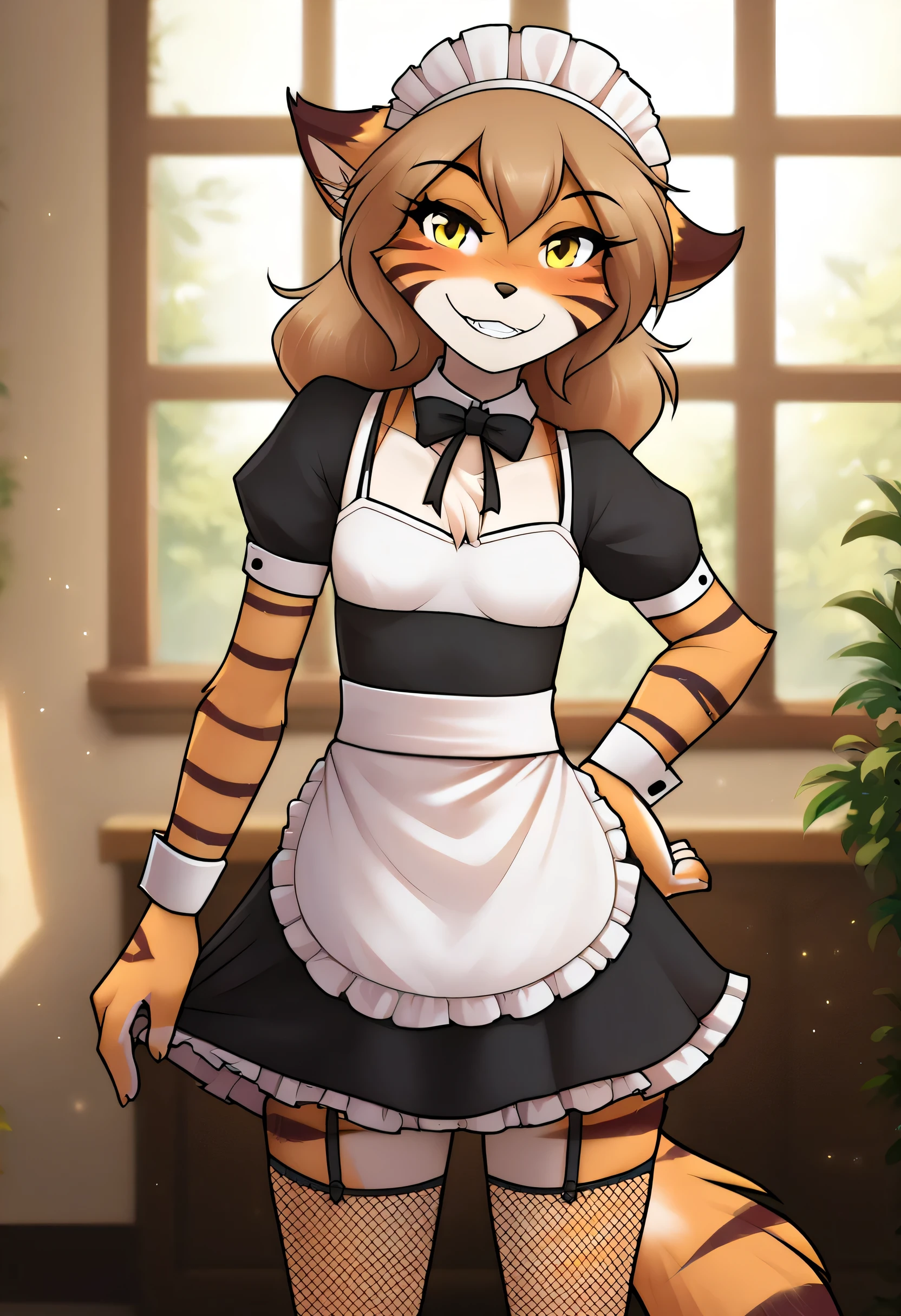 score_9, score_8_up, score_7_up, score_6_up, score_5_up, score_4_up, source_furry, rating_safe, detailed background, a female anthro fluffy, tkflora, flora, flora twokinds, striped fur, yellow eyes, anthro, female, 1girl, anthro, light blush, small breasts, light smile, teeth, (maid:1.2), fishnet legwear, looking at viewer, in house,