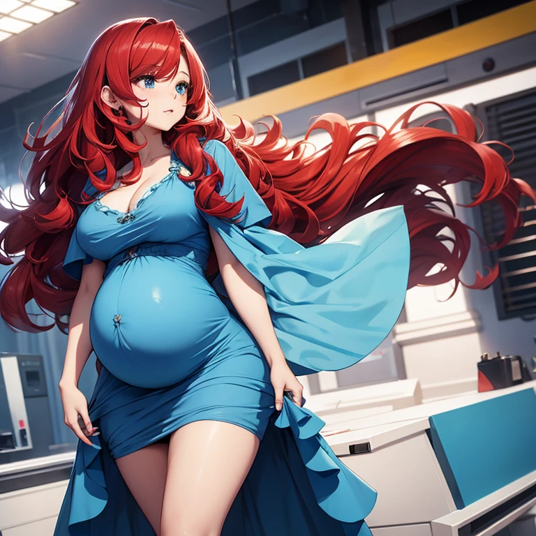 Pregnant, tight sky blue dress, curly long red hair, sexy