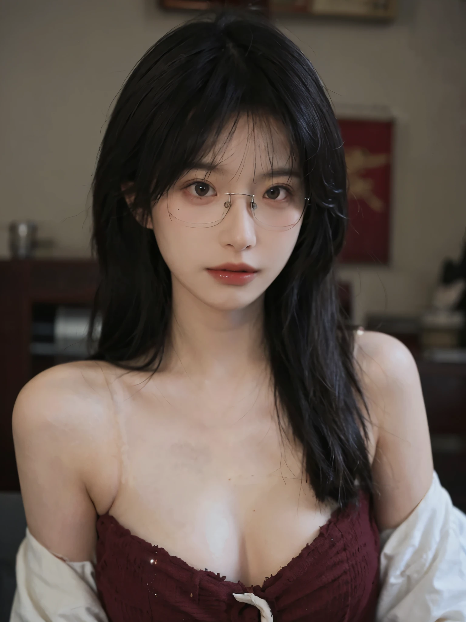Are you okay、(best illustrations)、8k UHD resolution、intricate details、highest quality、realistic、super detailed、best lighting、best shadows、soft lighting、ultra hd、超realistic、Tyndall effect、Photoreal、(high detail skin:1.2)、 (intricate details, compensate, Pueros face_v1:0.5), (Detailed Beautiful and Delicate Face, Fine, beautiful and delicate eyes, perfectly proportioned face, high definition skin, fine skin, Optimal ratio of 4 fingers and 1 thumb, arm under chest, red tattoo on lower stomach、wow wow, wide hips, smooth abdomen, skin is thin and thin, __fashion__, __hair__:1.25)、Digital single-lens reflex camera、 absurd、(table top: 1.3), (maximum resolution: 1.2), (Ultra HDTV: 1.2), cinematic light, fine eyes and skin, detailed facial features, , (sharp focus: 1.2), (focus on face:1.2),perfect style, beautiful face, acura, anatomically correct, Highly detailed face and skin texture, fine eyes, double eyelid, thin eyebrows, glitter eyeliner: 1 natural cheeks, Glossy skin, Fair skin: 1.2, (glossy lips: 1.4),(embarrassed look: 1.2),Highly detailed face and skin texture, fine eyes, double eyelid, natural cheeks, glossy lips: 1.4,exposed cleavage、Bewitching。fascinating、 A beautiful demon woman from hell, Surreal female portraits by David Hockney and Alphonse Mucha, fascinating女性の肖像画、fantasy art, chinese doll、Chinese actress、dungeon、dragon、devil's palace、devil's torture chamber、night、dark style 、in the dark、(detailed spooky background:0.8), magic、 1 girl、evil nun、dark necromancer、Succubus、devil's daughter、Shinonome Umi、bat wings,(((devil's horns)))、 ((((giant glasses, otaku glasses, thick glasses, round glasses)))),(((big breasts)))、(devil's tail)、(Red eyes glow:1.6)、Red eyes are very sharp and detailed, The eyes are made up very nicely, ((red eyes:1.0)),intricate tattoo, demonic intricate tattoo, thigh tattoo, body tattoo, masterpiece、最もbeautiful face、baby face、cute smile、beautiful plump red lips、筋肉のfascinating体、悪魔のfascinating体、devil style、fascinatingブラックマジックコスチューム、The long-haired、Braid、Black hair、Ponytail distortion、, Ponytail with a bow tied at the back of the hair, beautiful expression、body up、Large breasts emphasis、bust, super tight chest, Breast augmentation surgery, The breasts are very big and round,tight waist、wide ass、 low key, cowboy lens, (Black Phoenix Dress: 1.0), devil crown, red sparkling gemstone necklace、Jewelry G-Wise, wear black mesh socks,Wearing light red、nffsw, nffsw, meet beautiful girls, look at the girl's body, (upper body portrait), Protagonist Close-up,