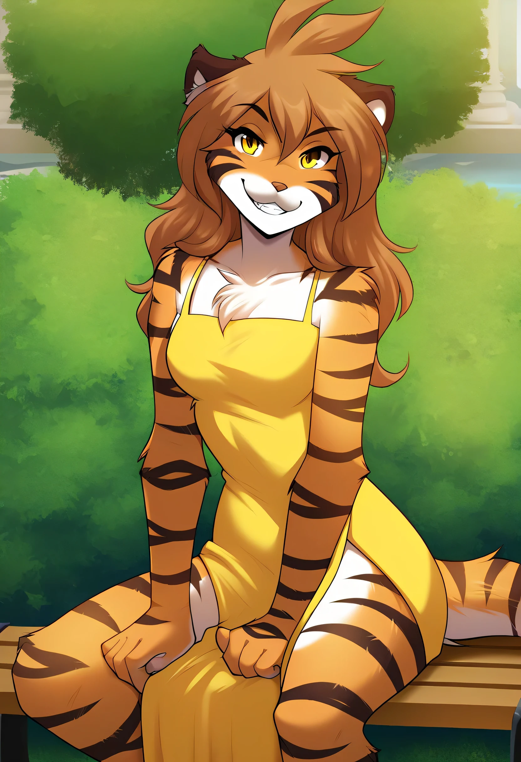 score_9, score_8_up, score_7_up, score_6_up, score_5_up, score_4_up, rating_safe, source_furry, a female anthro fluffy, 1girl, solo, female, furry, anthro, fluffy tail, medium breasts, teeth, tkflora, tiger, striped fur, yellow eyes, anthro, looking at viewer, (wear a yellow dress:1.1), (in park, sitting on bench, detailed background:1.1), mature female