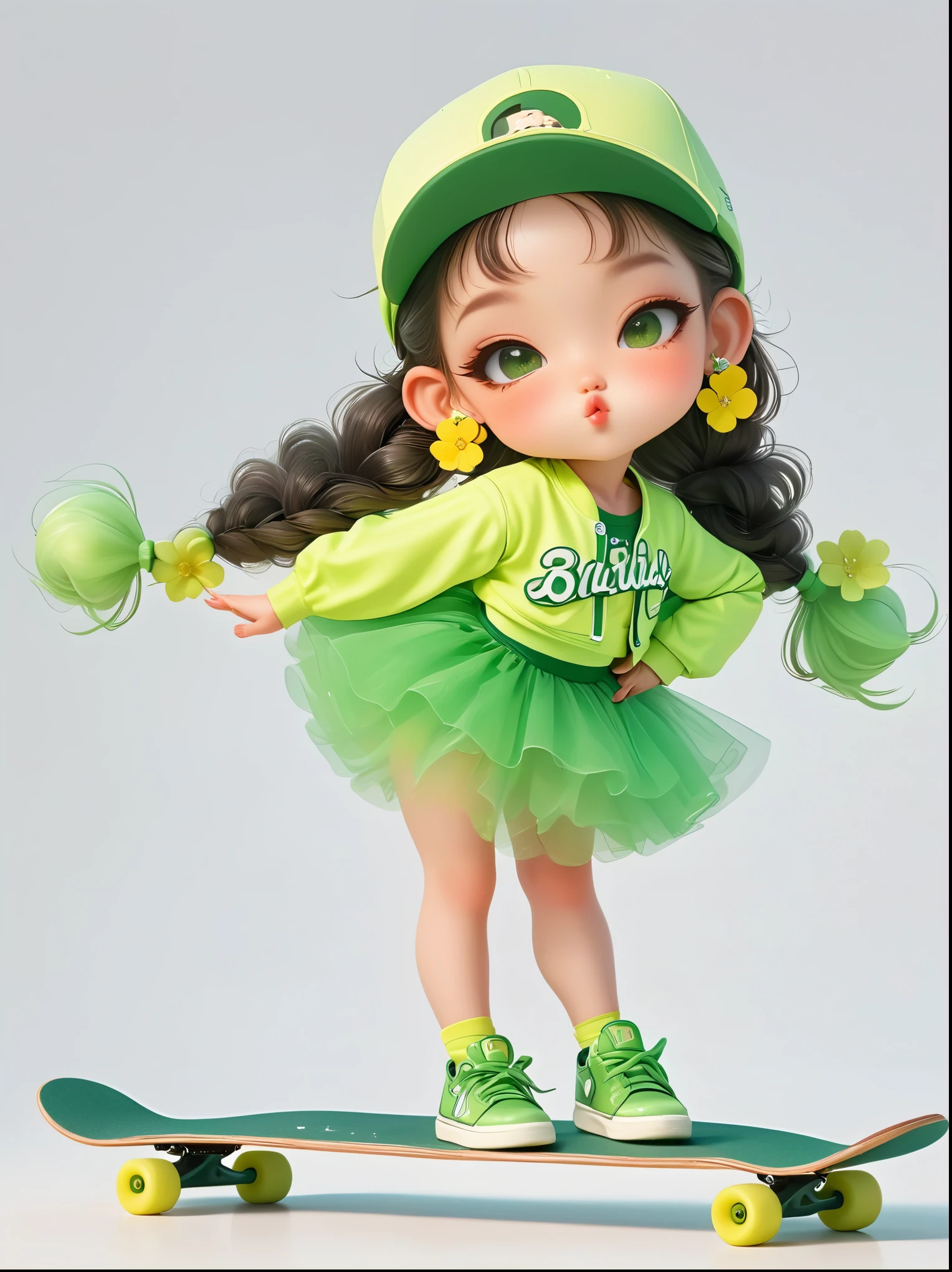 1 Girl, Wearing a bright yellow-green baseball uniform, Green Sequined Tulle Skirt, Green baseball cap, Double bun and flower earrings, Green sneakers, strike a playful pose, Standing on a skateboard, (Close one eye:1.3), Green Eyes, Cute ears, Pouting cute little mouth, faint blush, Proud, Cartoon Style, full-body shot, Plain white background, Created with C4D and Blender, Blind box toy styles, Super Detail, Anatomically correct, masterpiece, precise