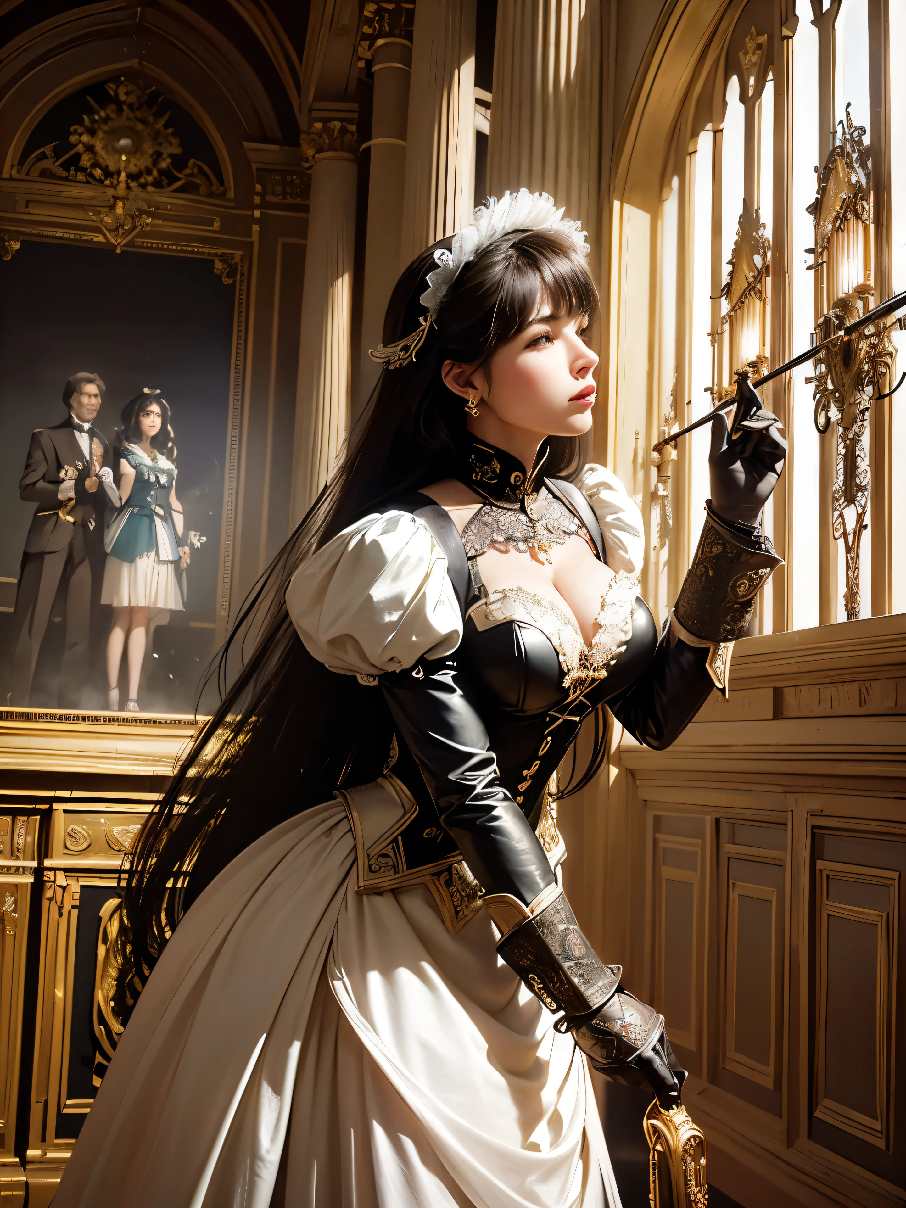 (Highly detailed and realistic CG, masterpiece, highest quality, Very detailed), vaporpunk, São Paulo Metropolitan Cathedral, (Best lighting, Best Shadow, Very delicate and beautiful), Dynamic Angle, Cinematic atmosphere, Exquisite metalwork, gear, clockwork, cigarette, vapor, Period costume, Vibrant colors, Steampunk Maid, Dynamic Pose,
