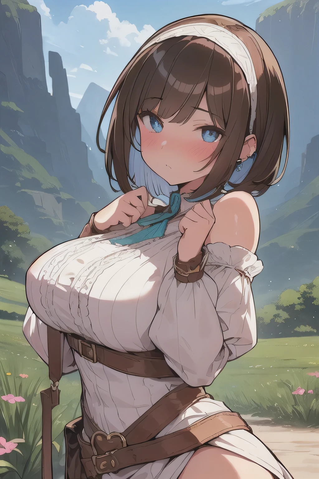 (best quality), (Super detailed), (Best Illustration), (woman), look at viewer, {(Ranger:1.2)}, (large breasts), {(detailed eyes), (heart-shaped pupils), blue eyes}, {brown hair, (sideburns), (bob cut:1.3), curly hair, hairs between eyes, colored inner hair}, blush, earring, hair band, fantasy landscape,