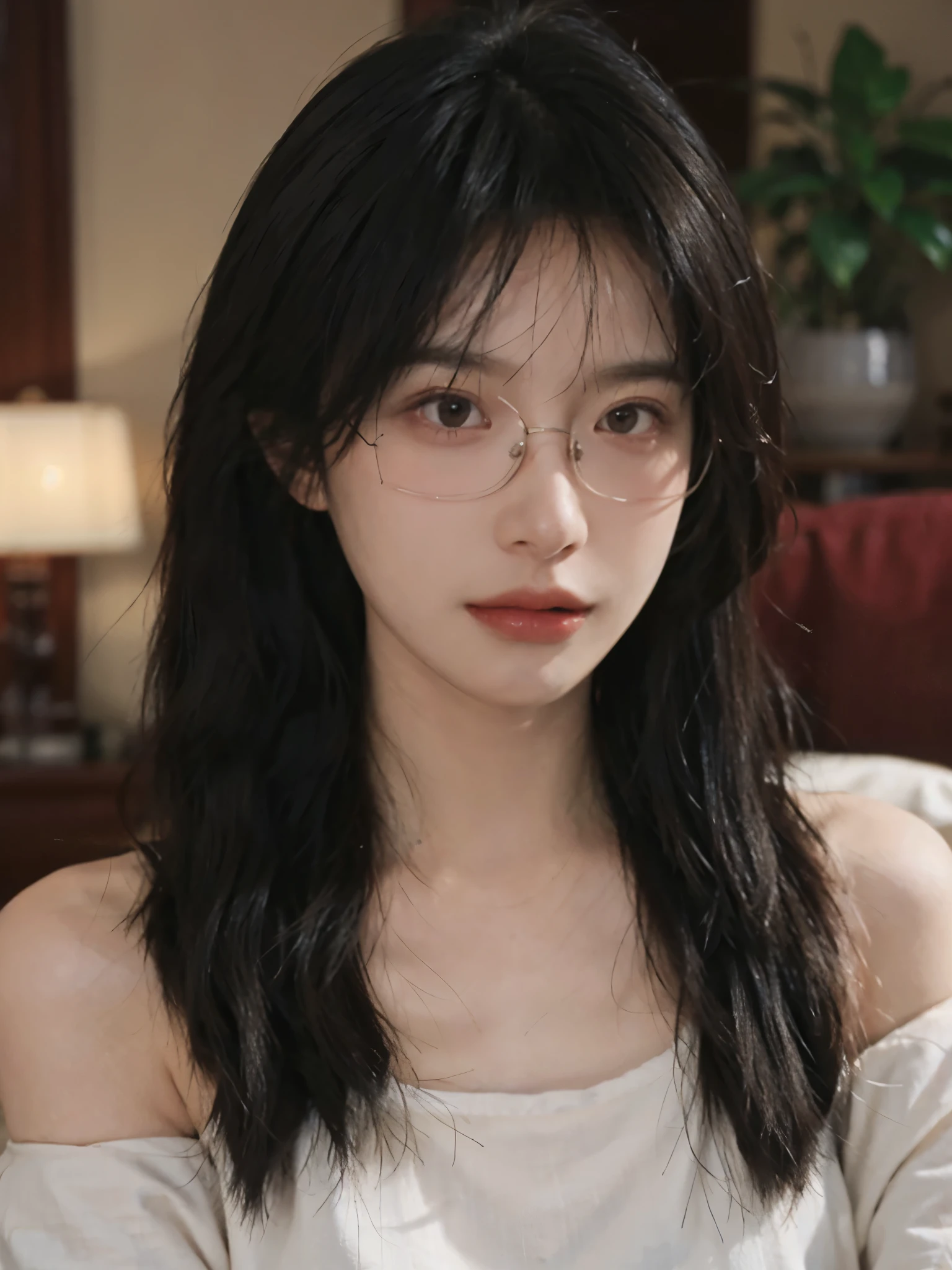 Film portrait photography, 1 girl, bare shoulders,lipstick,(flat chest:1.4), Shoulder length wavy hair, wear glasses,serene, calm, (Realistic and detailed eyes, natural skin texture, Realistic facial details), Soft dramatic lighting, depth of field, Bokeh, Vibrant details, detailed meticulous, hyper-realistic, 35mm film, hazy, ,
