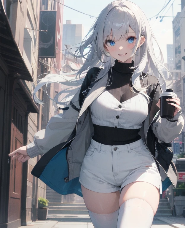 (Masterpiece, Best quality, ultra high resolution), 1 girl, Silver hair, Pale skin, Beautiful detailed face, Detailed eyes, posing on a, On a white background, Dynamic lighting, dynamic shadowing, looking at viewer, White stone punk fashion,(Posing for a photo),((White clothes)), (((black thigh highs))), jean shorts, skirt, white sweater, ((Blue eyes)), happy, smiling, black straps, black strap design, ((Long white hair)), energetic, cheerful, cityscape background, holding coffee
