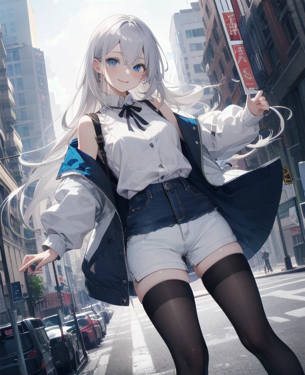 (Masterpiece, Best quality, ultra high resolution), 1 girl, Silver hair, Pale skin, Beautiful detailed face, Detailed eyes, posing on a, On a white background, Dynamic lighting, dynamic shadowing, looking at viewer, White stone punk fashion,(Posing for a photo),((White clothes)), (((black thigh highs))), jean shorts, skirt, white sweater, ((Blue eyes)), happy, smiling, black straps, black strap design, ((Long white hair)), energetic, cheerful, cityscape background, holding coffee