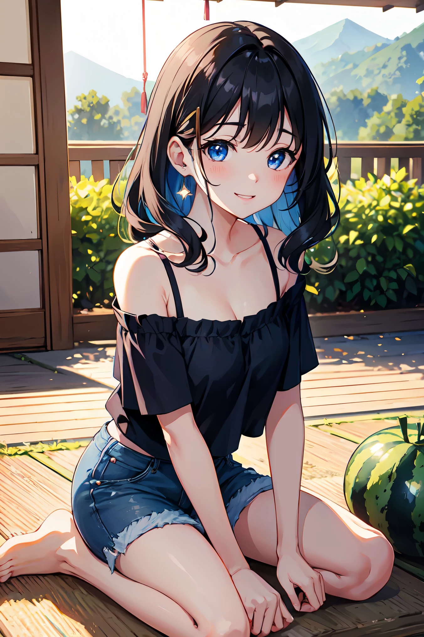 CG, Unity, 8k, wallpaper, highest quality,sunlight、Perfect lighting、 masterpiece, haruka amami, (smile: 1.2), 1 high school girl、Black Hair、Curly Hair、Blue Eyes、Dense lips、Sit on the veranda, Black T-shirt、Off the shoulder、 BREAK denim shorts, barefoot, Thighs, Best lighting, Complex pupil, Complex weaving, Detailed Background, Japanese countryside, night、Starry Sky🌌、wind chimes🎐、watermelon🍉