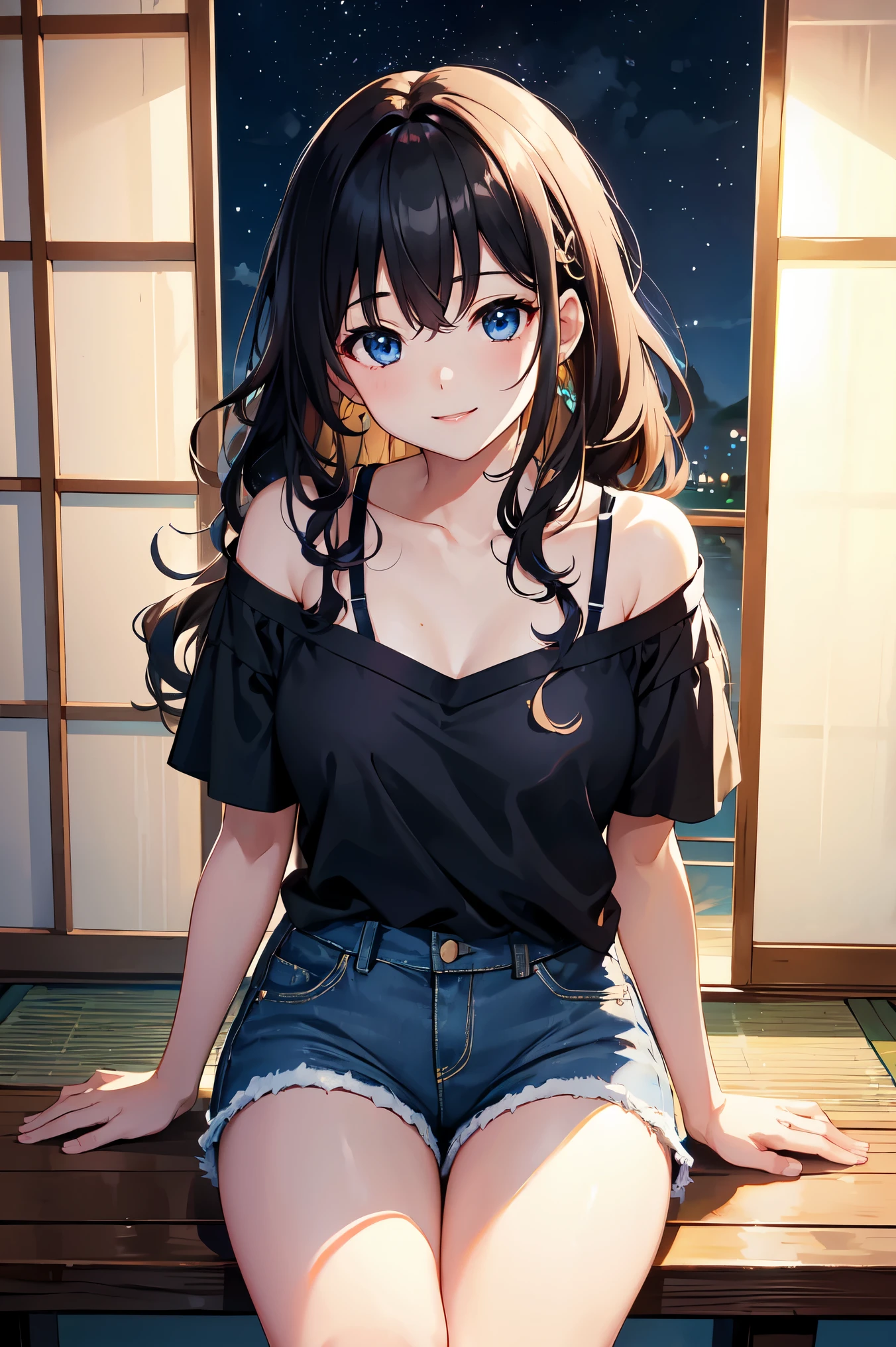 CG, Unity, 8K, wallpaper, Highest quality,sunlight、Perfect lighting、 masterpiece, Amami Haruka, (smile: 1.2), 1 high school girl、Black Hair、Curly Hair、blue eyes、Thick lips、Black Knit T-Shirt、Off the shoulder、 BREAK Denim Shorts, barefoot, Thighs, Best lighting, Complex pupil, Intricate weaving, Detailed Background, Japanese countryside,Pool、evening、sunset