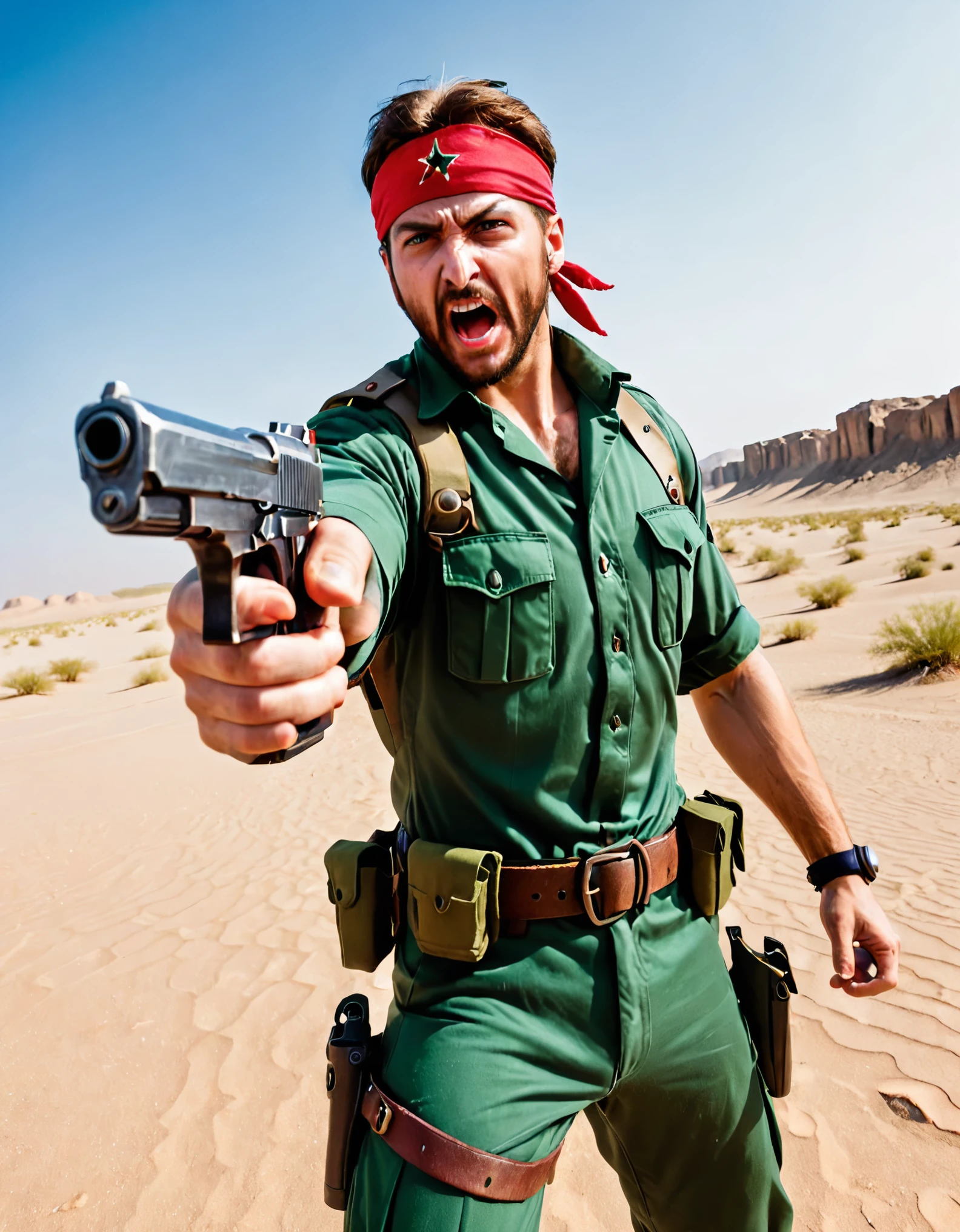 male focus, solo, solo focus, mercenary, brown hair, hazel eyes, facial hair, bullet belt, green uniform, combat boots, red bandana, (pointing a pistol at the viewer, desert eagle) (angry, screaming, open mouth), war zone