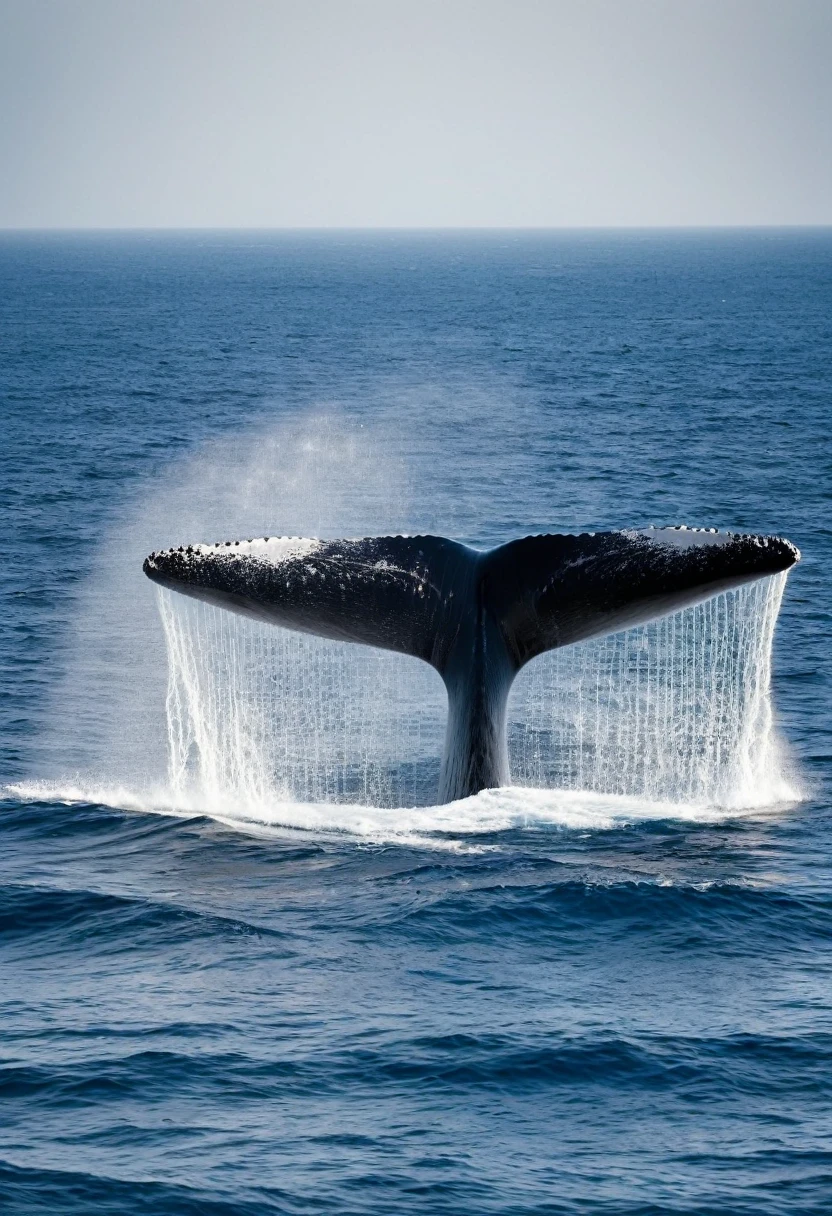 A superb landscape with a whale in the open air, mais son corps semble composé de lignes de code en mouvement