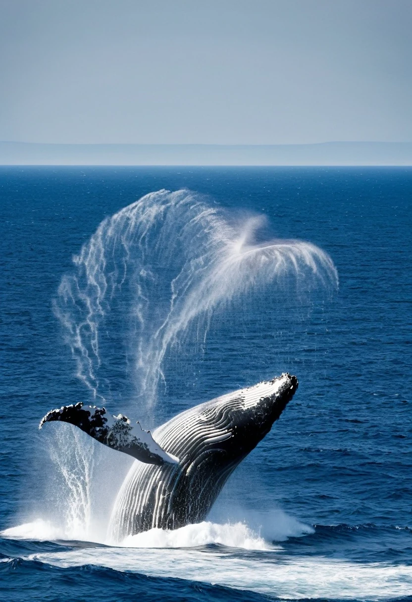 A superb landscape with a whale in the open air, mais son corps semble composé de lignes de code en mouvement