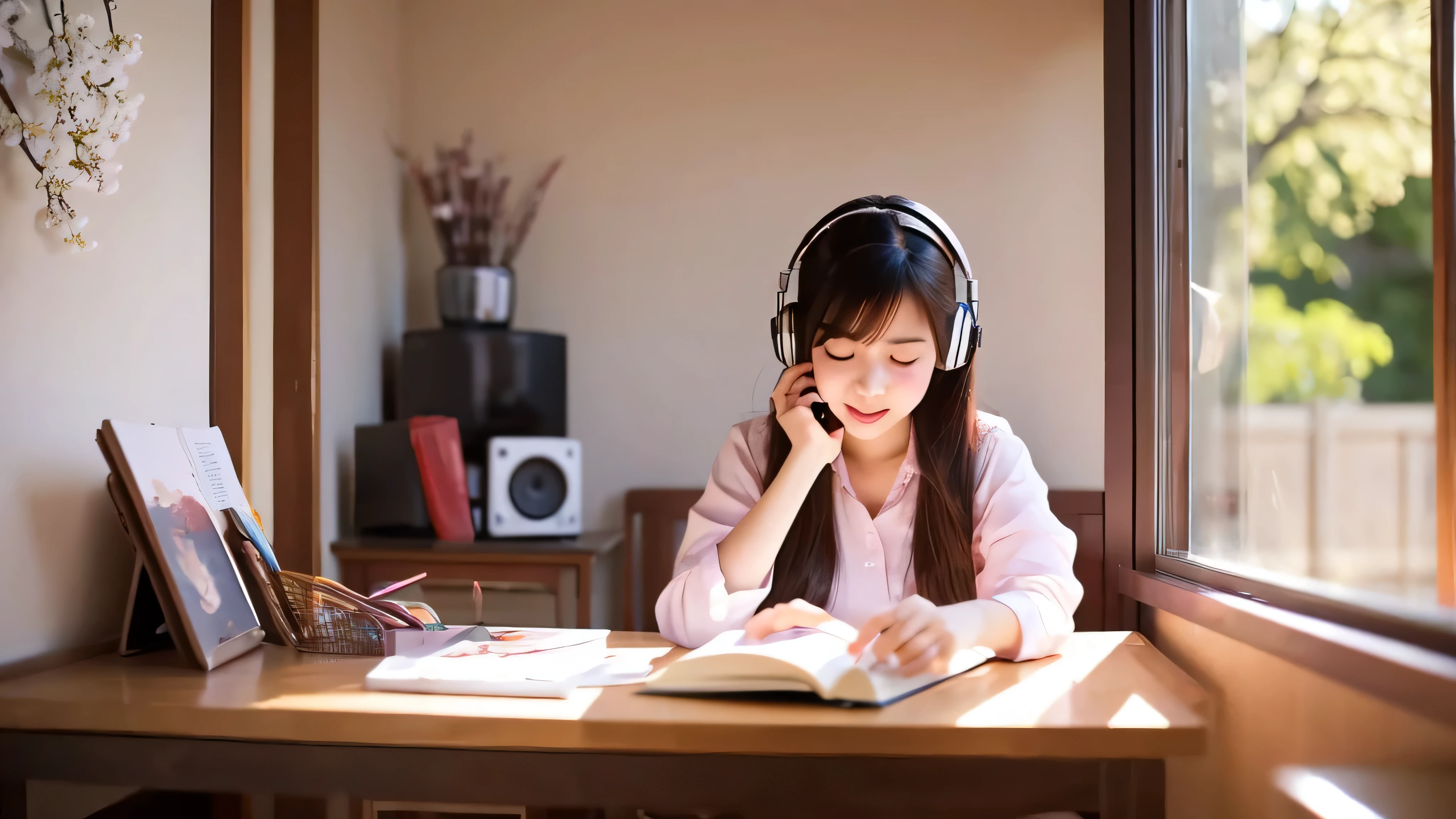 Beautiful girl studying in her room while listening to music with headphones Warm lighting Outside the room, cherry blossoms are blooming Japanese anime style