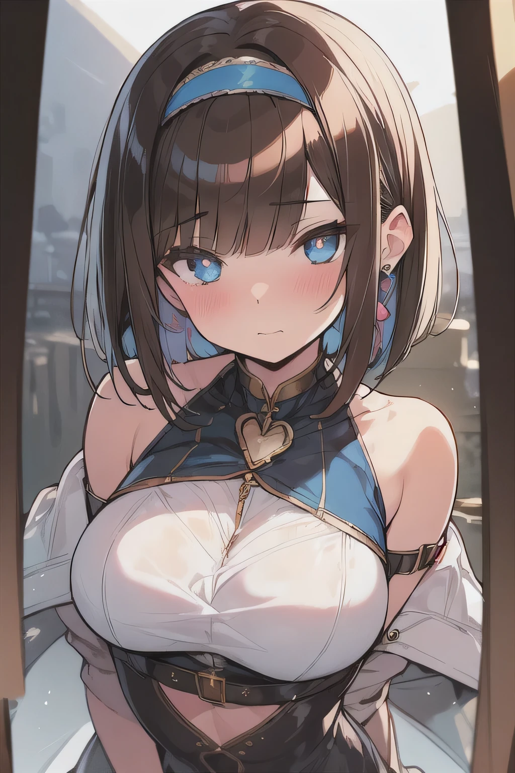 (best quality), (Super detailed), (Best Illustration), (woman), look at viewer, {(Thief:1.2)}, (large breasts), {(detailed eyes), (heart-shaped pupils), blue eyes}, {brown hair, (sideburns), (bob cut:1.3), curly hair, hairs between eyes, colored inner hair}, blush, earring, hair band, fantasy landscape,