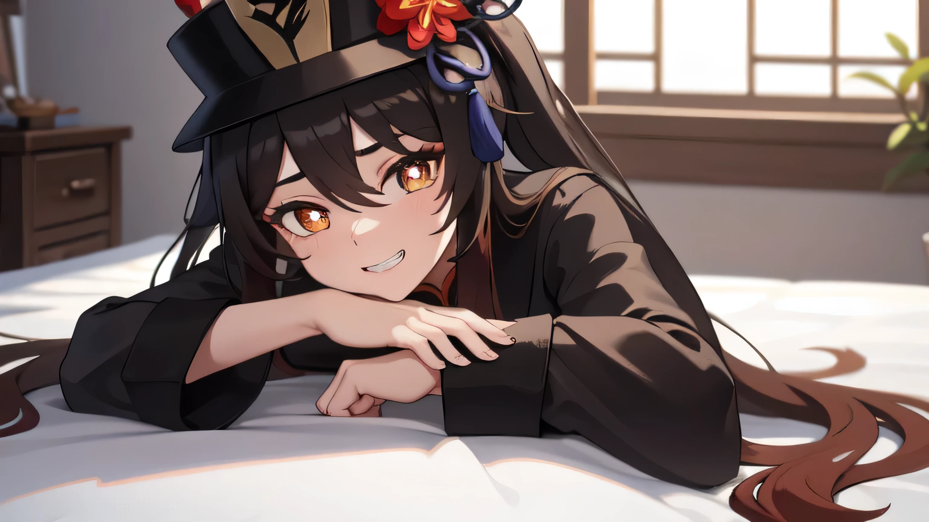 first-person view, Sit with your knees neatly together, your upper body straight, and your hands on the floor, UHD, retina, masterpiece, ccurate, anatomically correct, textured skin, super detail, high details, high quality, award winning, best quality, highres, 16k, masterpiece, best quality, HuTaoV4, 1girl, solo, long sleeves, hat, jewelry, full body, flower, shoes, shorts, socks, wide sleeves, black footwear, grin, short shorts, black headwear, gradient hair, chinese clothes, black shorts, white socks, tassel, Cute teenage girl's room, happy, modern room, Character takes up the entire screen, chin resting posture