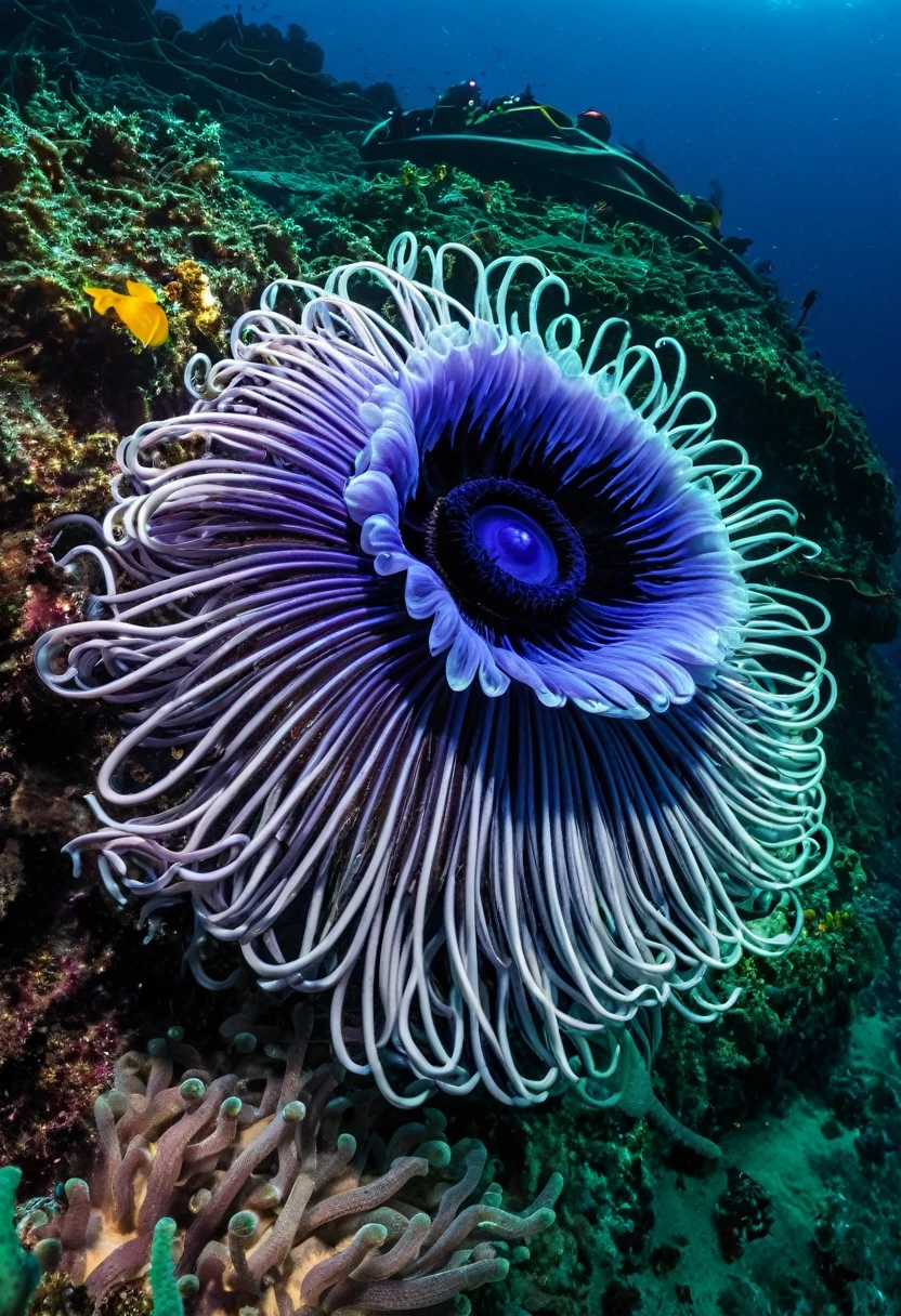 A gigantic anemone with undulating tentacles, some shaped like electronic circuits.