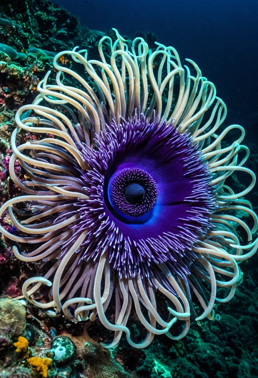 A gigantic anemone with undulating tentacles, some shaped like electronic circuits.