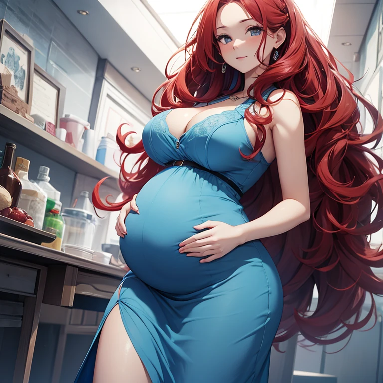 Pregnant, tight sky blue dress, curly long red hair, sexy