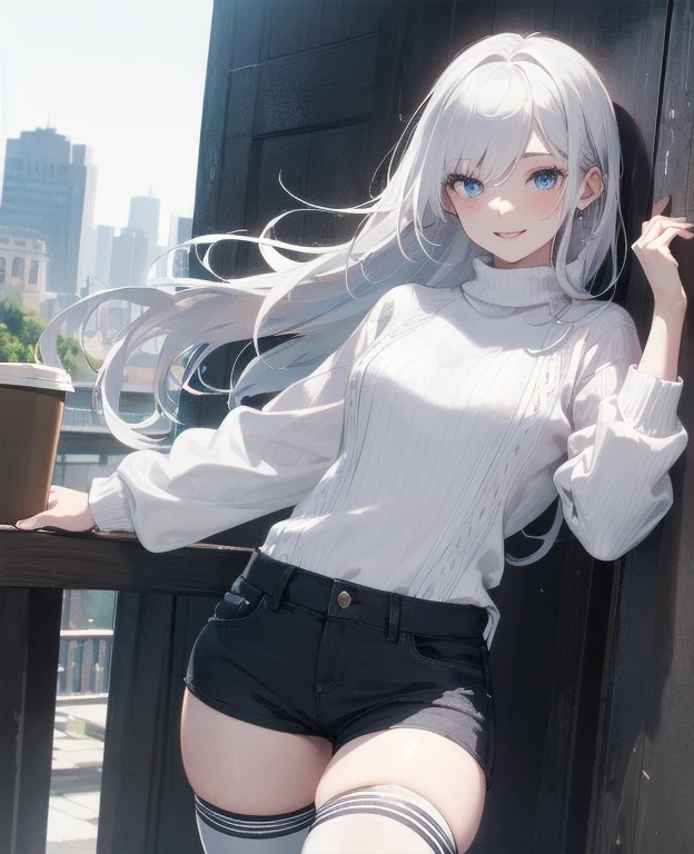 (Masterpiece, Best quality, ultra high resolution), 1 girl, Silver hair, Pale skin, Beautiful detailed face, Detailed eyes, posing on a, On a white background, Dynamic lighting, dynamic shadowing, looking at viewer, White stone punk fashion,(Posing for a photo),((White clothes)), (((black thigh highs))), jean shorts, skirt, white sweater, ((Blue eyes)), happy, smiling, black straps, black strap design, ((Long white hair)), energetic, cheerful, cityscape background, holding coffee