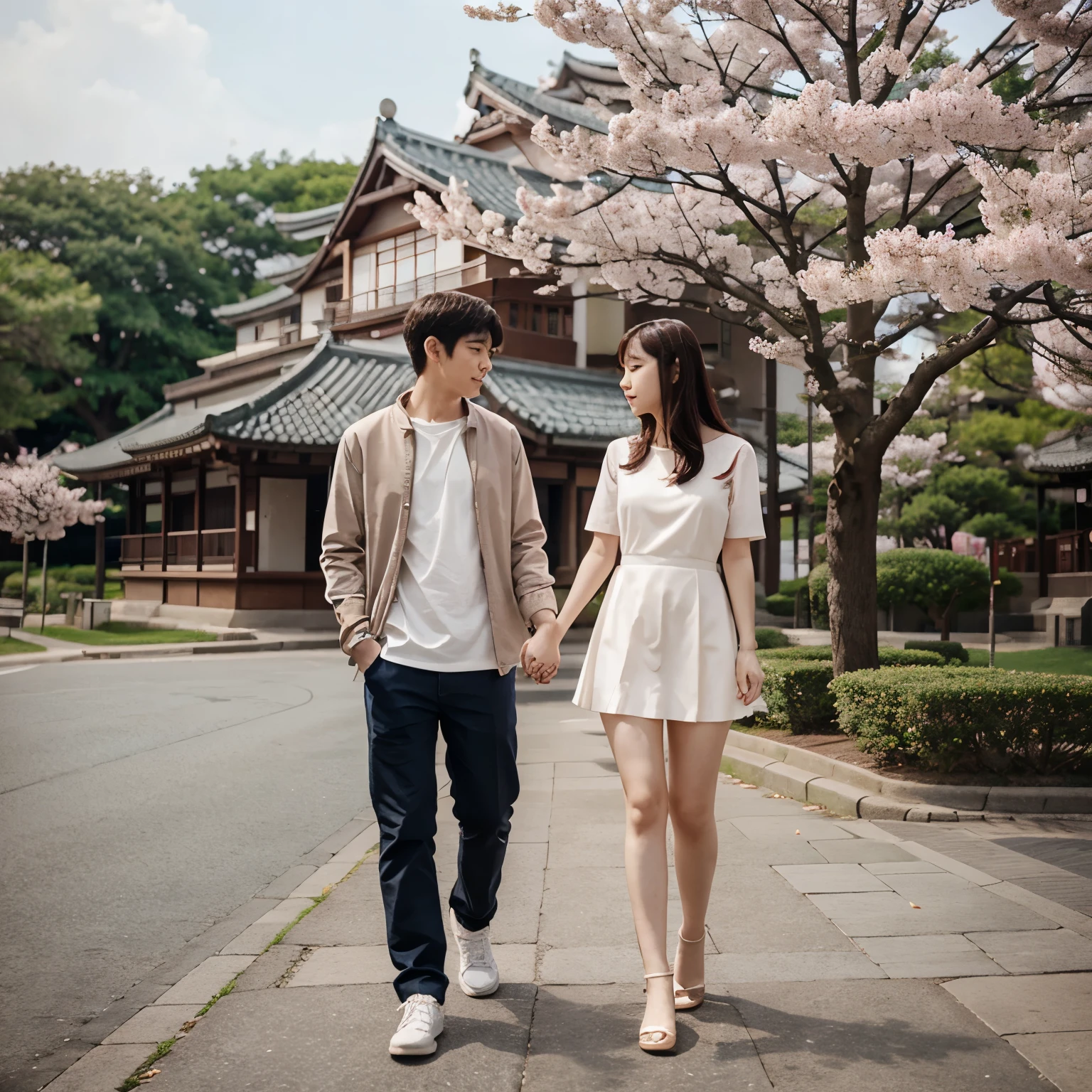 Baekhyun with a lovely girl holding hands in front of a Sakura tree, anime style