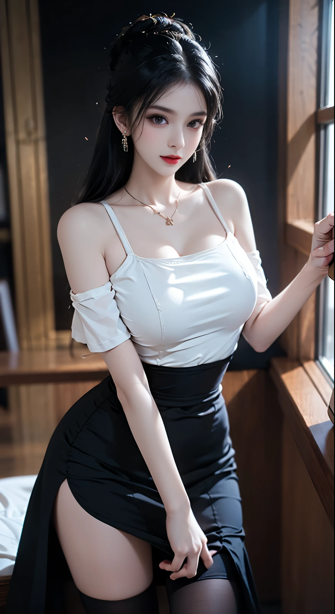 Sweet girl clothes5,high-waist skirt,jewelry,thighhighs, ((Bare shoulders)), ((Full breasts)), ((The skirt is short)), ((Sexy legs)), ((whole body)), Practical, Fashion girl, Red lips, Mature women, Exquisite makeup, big eyes, beautiful, (best quality, masterpiece:1.2), The right hand, The right hand指, Anatomically correct, Ultra Detailed, (Practical:1.37), ((Random scenes, Random shooting angles)), ((Sexy long legs)), Young and energetic, Charming model, (Delicateeyes, Delicate lips), Show a bright smile, Create stunning girl images, warm color, Very high color saturation, Official Art, Extremely detailed CG, Unity 8K Wallpaper, (High Dynamic Range :1.4), (Movie atmosphere),(Soft colors), (Natural skin texture, ultra-Practical, Soft Light, sharp),(Very detailed), night, moonlight