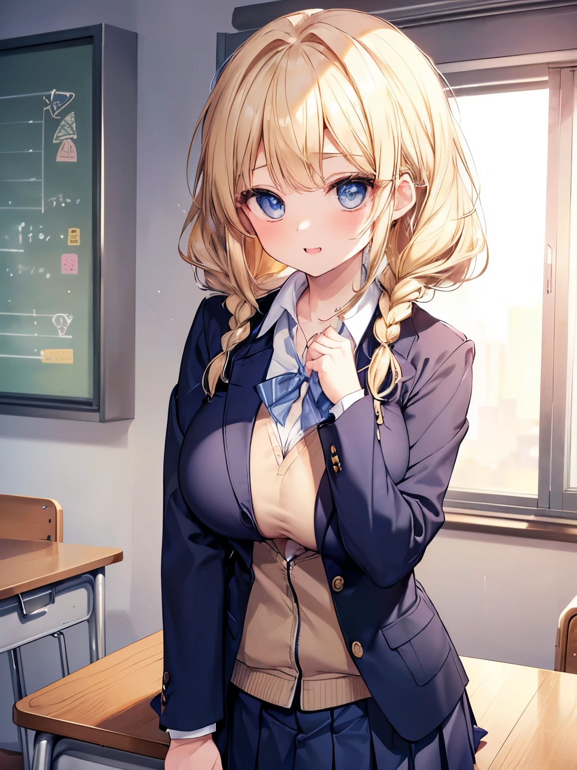 Masterpiece,Best Quality,(Super Detail),Perfect Lighting, Highly detailed CG,Super detailed,(Highly detailed eyes,Very cute face,Highly detailed face:1.3),Beautiful Anime Girl,(Solo Girl),(Super huge boobs:1.2),(Sensual,Glamorous:1.4),(Blonde,Medium Hair,Twin braids,Let your hair hang forward:1.2),(Big light blue eyes),(Very happy smile,Open your mouth wide),break,(School uniform,Navy Blue Blazer,Unbutton and open your jacket:1.3),Beige vest,Collared shirt,White shirt,Pleated skirt,School classroom,Aligned desks,Curtains swaying in the wind,blackboard,(Cowboy Shot),Place your hands on your chest,