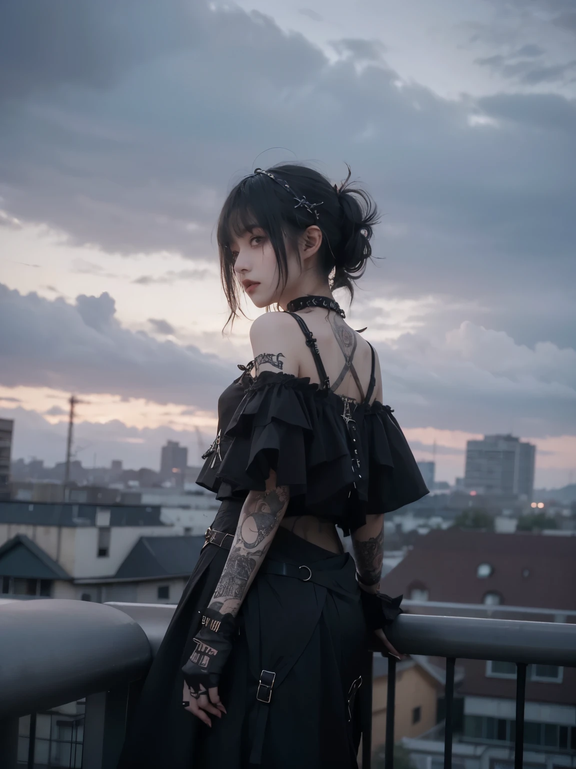 from below, minimum, harmony, tranquility, aesthetic, grey sky, cloudy sky, in Rooftop, obscure light and shadow, 1 girl, 24-years-old, slender, floating Medium Hair, bangs, (Gothic_Punk:1.2), masterpiece, best quality, RAW Photos, sigma 50mm f1.4, candytt, Detailed costume, 