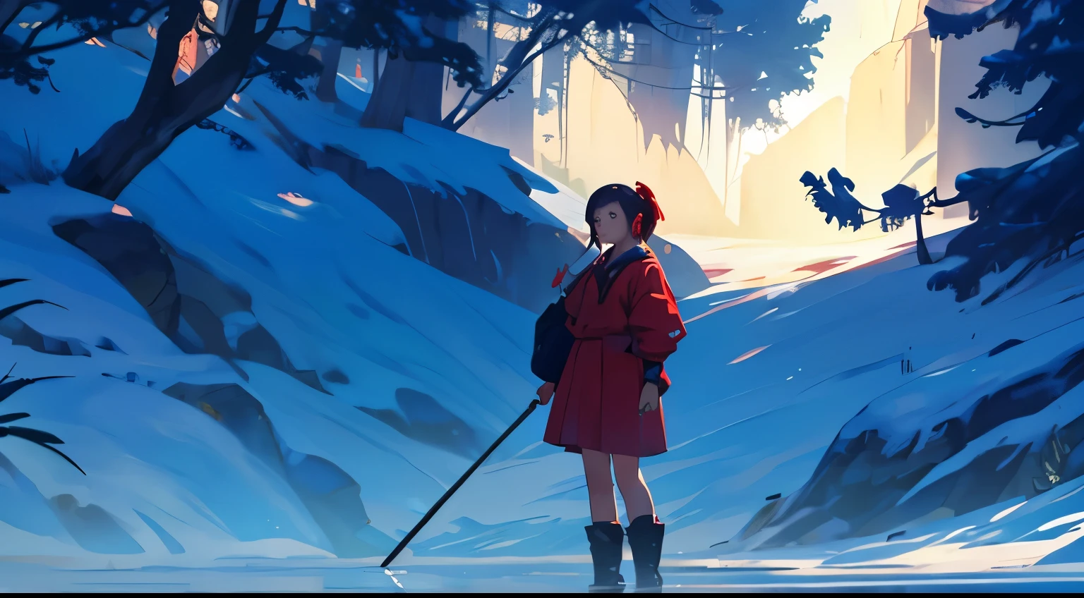 Wear red clothes,Holding a stick,There is sun,There are also girls。8k,masterpiece,masterpiece