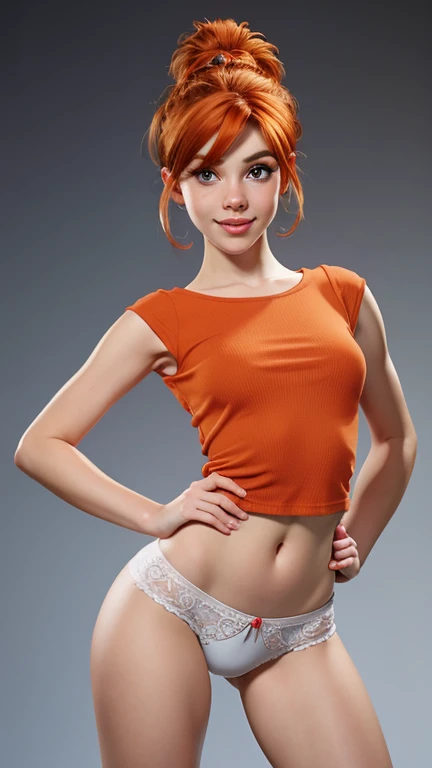 best quality, 8k, high quality, detailed, intricate, 18 yo wilma flintstone, sexy, orange hair, hair tied up, eyeshadow, oval face, snub nose, heart-shaped lips, arched eyebrows, small breasts , leaning down, small waist, very wide hips, curvy, has sheer low cut t-shirt , white boyshorts panties