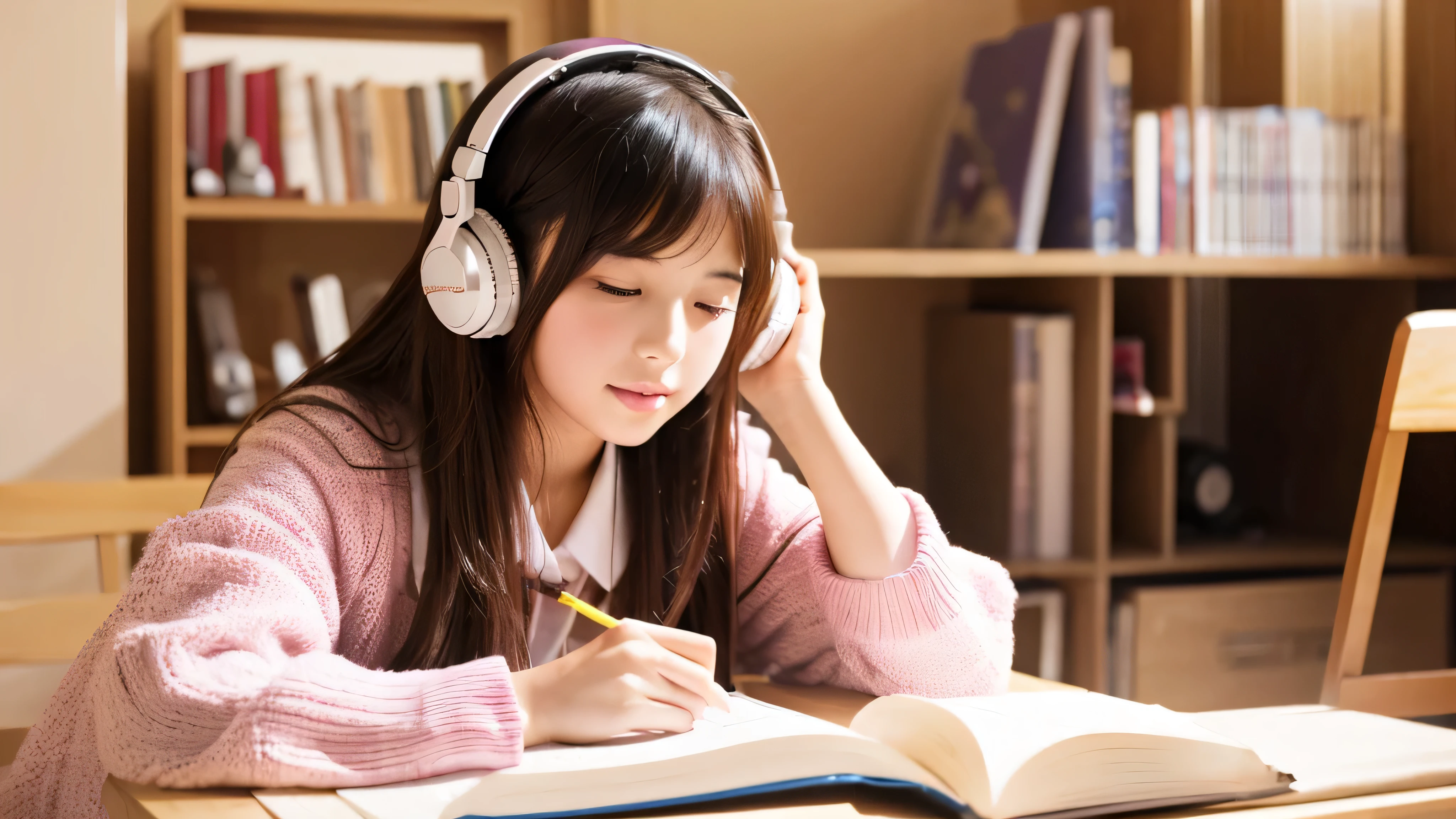 Beautiful girl studying in her room while listening to music with headphones Warm lighting Outside the room, cherry blossoms are blooming Japanese anime style