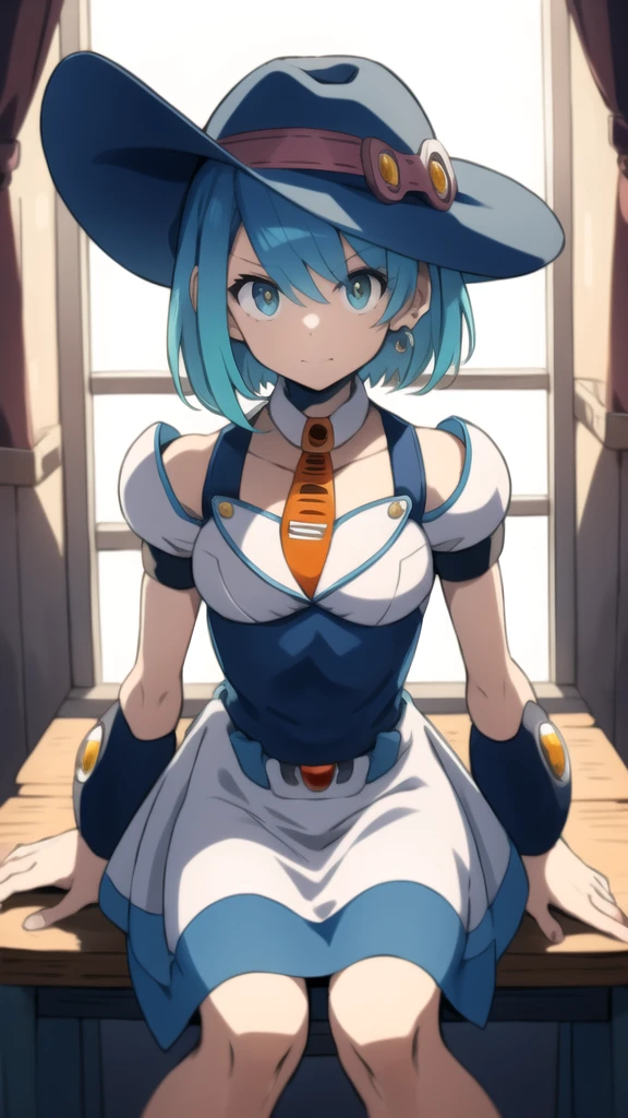 RiCO MegamanXD, 1 girl, looking at viewer, sitting on a stool, cowboy dress, cowboy hat, watch on right arm