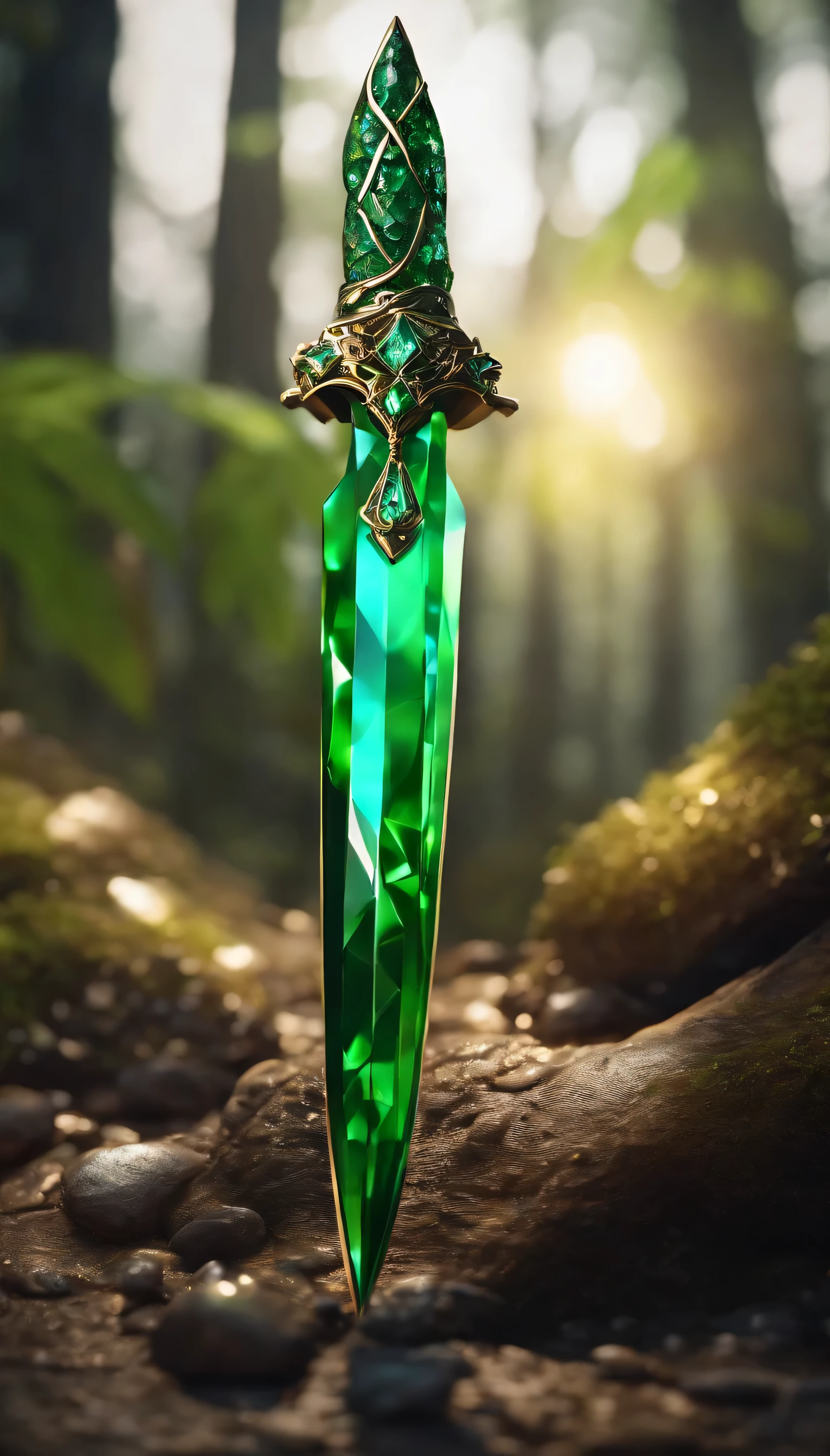 (Outstanding、Professional、Surreal)、Dagger from green crystal, Metallic magical texture, Lying on the ground, realistic shape, detailed.
