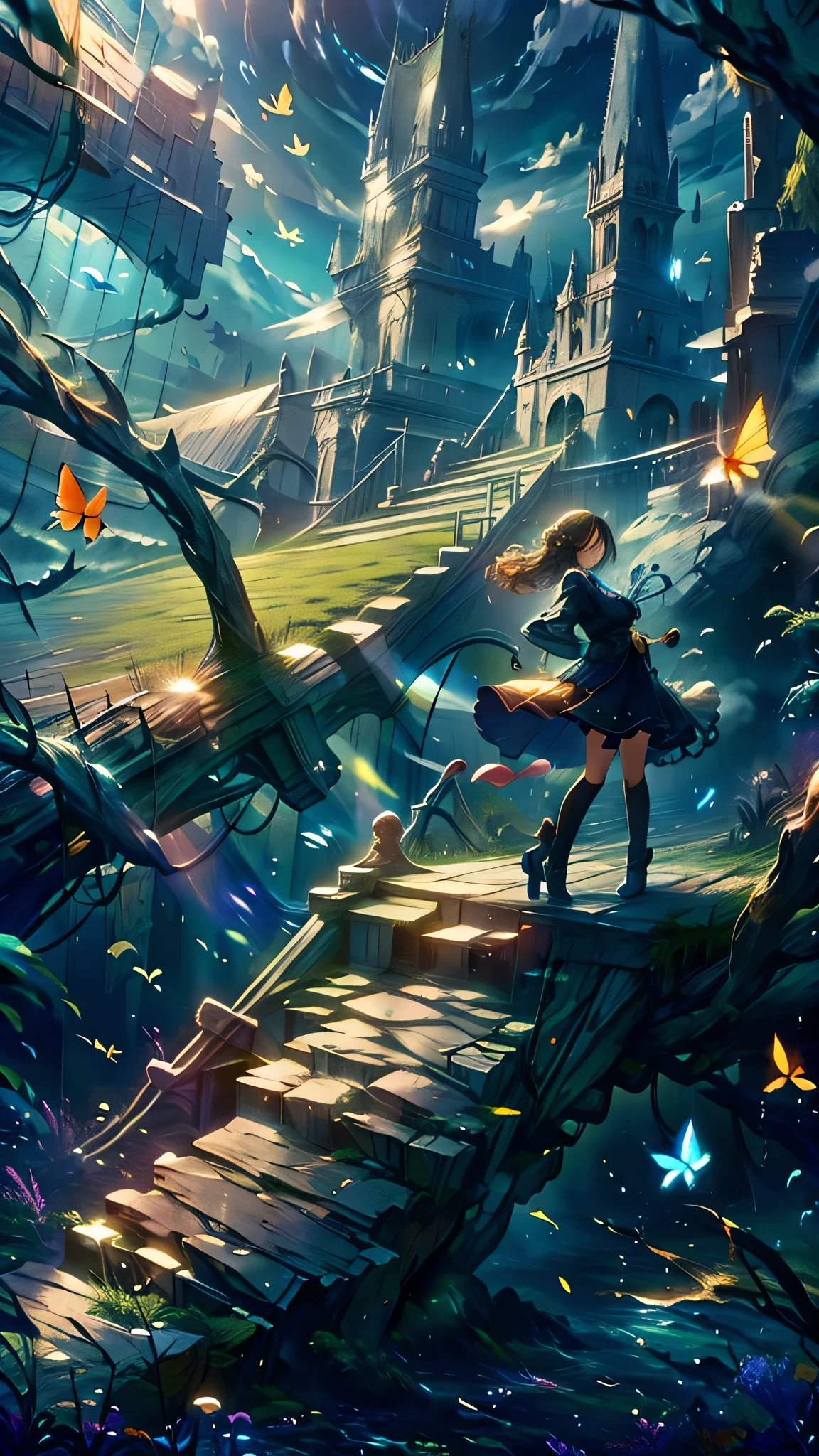 original, (masterpiece), (figure), (Very nice and beautiful), (Perfect detail), (Unity CG 8K Wallpaper:1.05), (Beautiful and clear background:1.25), (Depth of written boundary:0.7),One girl,Fun Shy , (Stand along the river:1.15).(Hair blowing in the wind:1.1),Butterflies are flying around, (Moonlight:0.6), wood, (summer), (night:1.2), (close:0.35), (gloves:0.8), alone ,