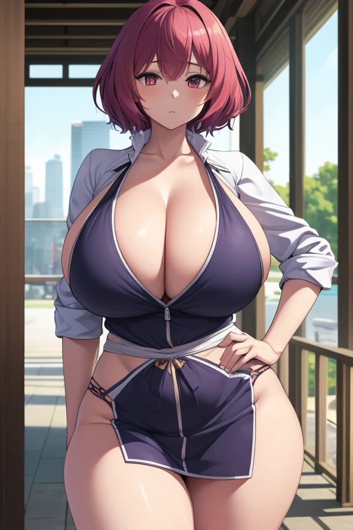 1girl,solo, masterpiece, best quality, (extremely detailed CG unity 8k wallpaper), (best quality), (best illustration), (huge breasts:1.3), (voluptuous figure, thin waist, wide hips), Yuuka Kazami, Amazon art style, front view, one left hand on hip, looking at viewer, cityscape