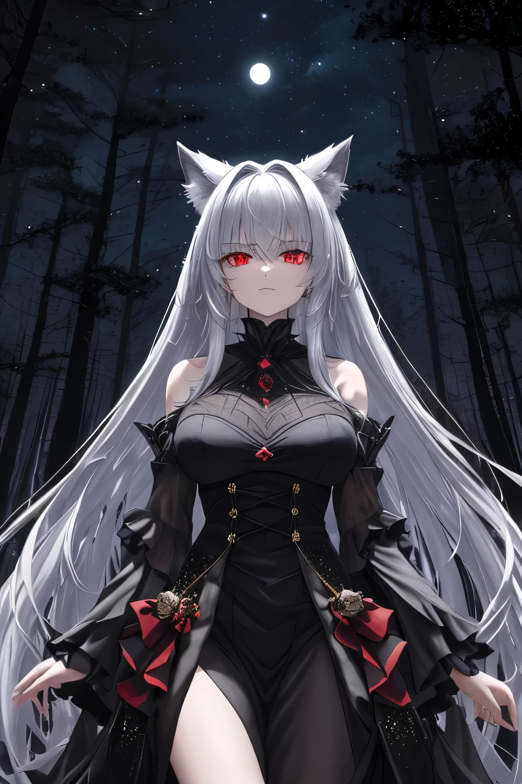 In the tranquil expanse of a star-studded, nocturnal sky, a resplendent full moon casts its tender, silvery light upon a secluded glade. Amidst the convergence of lunar radiance and twilight shadows, an imposing figure emerges: a towering werewolf, its fur glistening with a lustrous blend of black and gold hues, reflecting the celestial illumination. Its piercing, intense red eyes gleam with heightened alertness, scanning the darkness for the faintest hint of its next adversary. The very air around it seems to vibrate with a palpable energy as it poises itself for