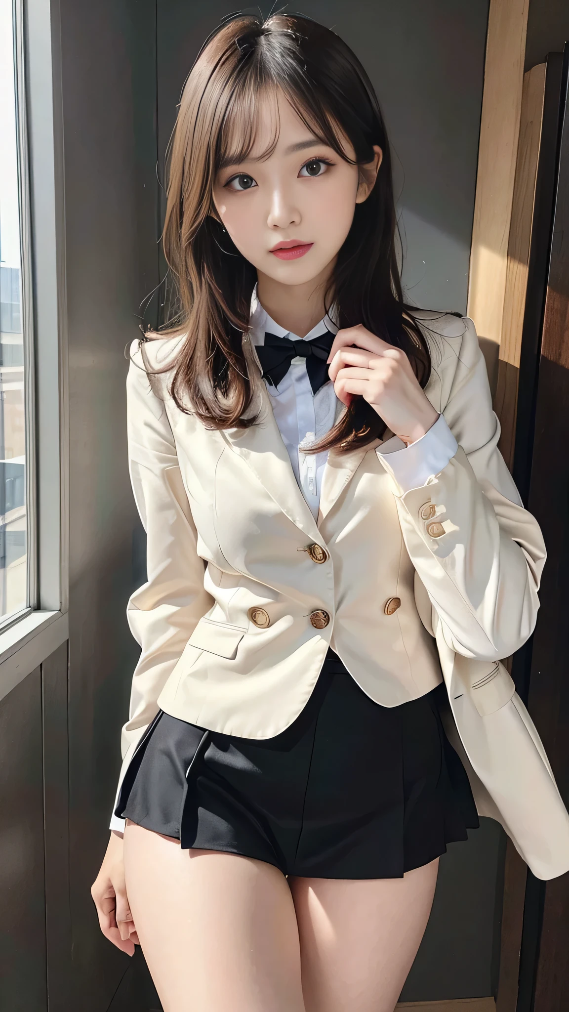最high quality, masterpiece, 1 girl, Beautiful Face, (Photorealistic photography:1.3), Rim Light, (Skin with attention to detail:1.2), 8k UHD, Digital SLR, high quality, High resolution, 4K, 8k, Bokeh, Disorganized, The optimal ratio is four fingers to one thumb, (Genuine:1.3), Small face, pretty girl, Black Formal Blazer, Mid-breasted, Short skirt,office