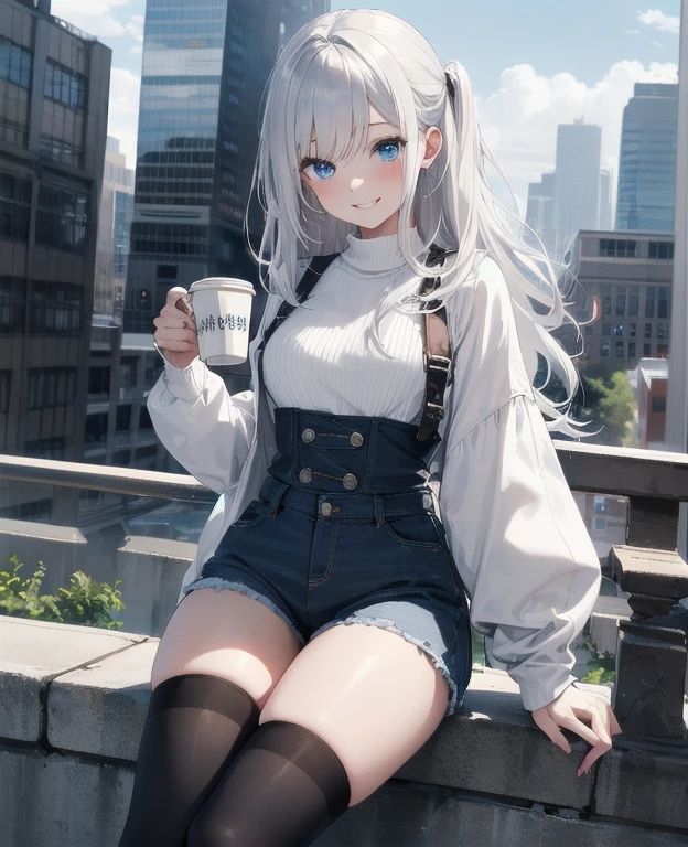 (Masterpiece, Best quality, ultra high resolution), 1 girl, Silver hair, Pale skin, Beautiful detailed face, Detailed eyes, posing on a, On a white background, Dynamic lighting, dynamic shadowing, looking at viewer, White stone punk fashion,(Posing for a photo),((White clothes)), (((black thigh highs))), jean shorts, skirt, white sweater, ((Blue eyes)), happy, smiling, black straps, black strap design, ((Long white hair)), energetic, cheerful, cityscape background, holding coffee