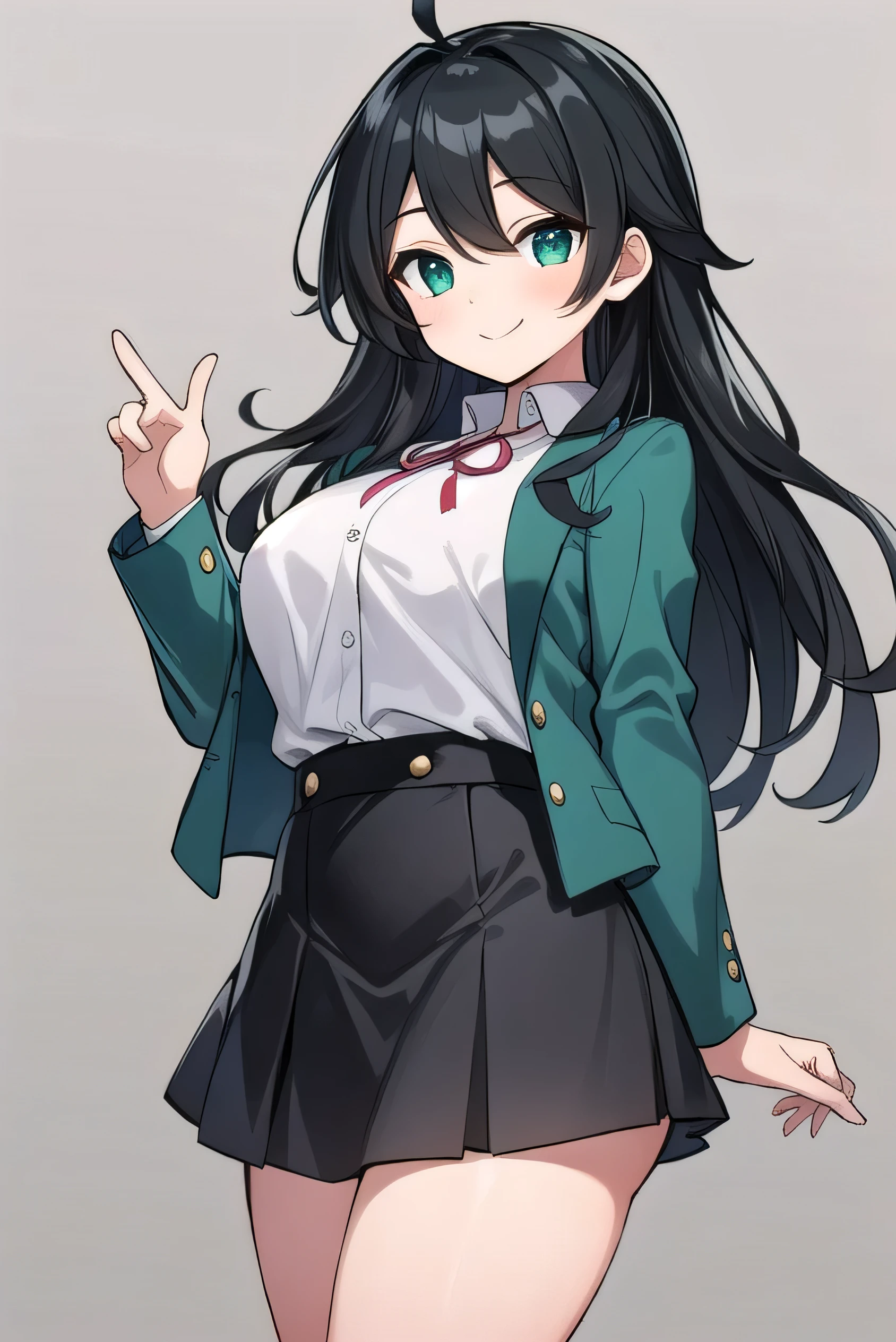 Junior high school student who looks like an elementary school student, 14 years old, very short, 140 cm tall, black hair with a slight green tinge, short ahoge, beautiful long hair but with a little hair sticking out, beautiful round eyes, blue eyes, smile, boyish, long sleeves, Thick clothes, skirt, big breasts, hair longer than waist, long hair, childish face, gentle smile, a little shy, black skirt, black hair with a slight green tinge, boyish, gentle smile, jacket one size larger, ( Deep greenish black hair: 1.3)