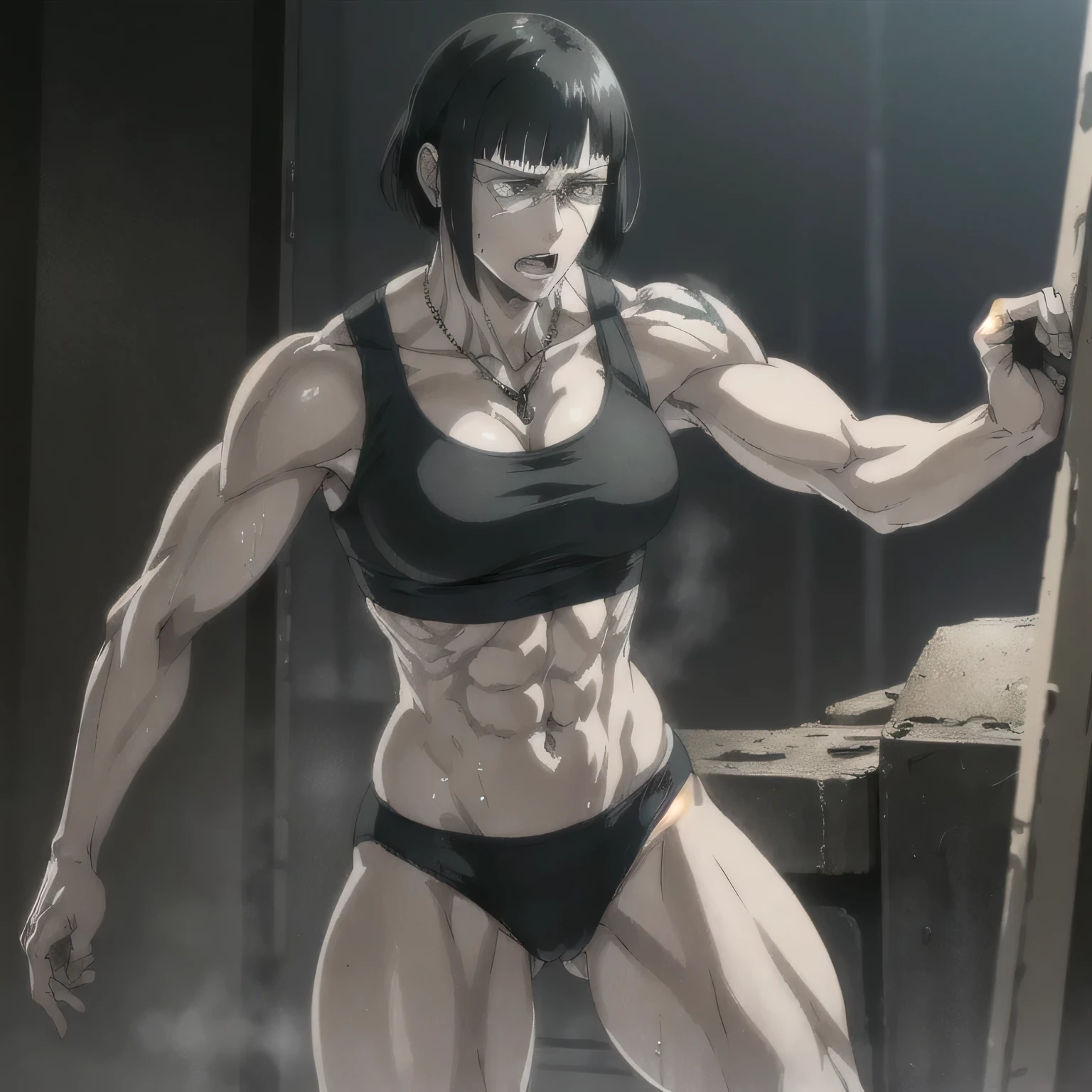 (best quality,ultra-detailed,realistic:1.37),musclaur badass girl with sculpted body with preview her musclaur body and six-pack, full review of the female character's face and body, intense expression, strong and confident posture, studio lighting, vivid colors, physiologically-based rendering, grungy texture, rugged background, dust particles in the air, commanding presence, professional, powerful, gritty aesthetics,,Valmet،short hair,necklace,Light reflection on shoulders,Sweat in muscles،،wearing military male underwear and midriff tank top, tattoos on shoulders،Fat free body,Hand veins,drink a cup of water,Holding a towel,