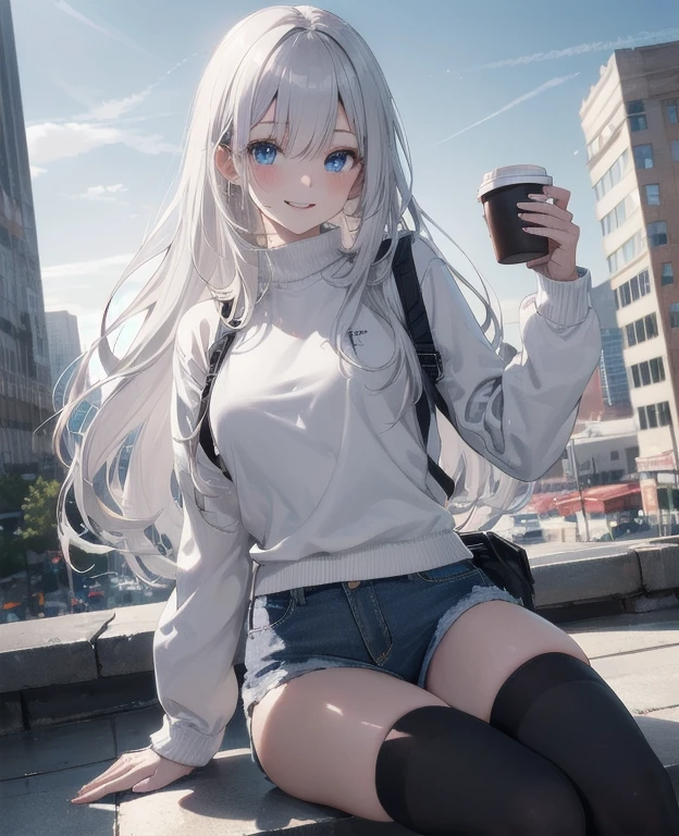(Masterpiece, Best quality, ultra high resolution), 1 girl, Silver hair, Pale skin, Beautiful detailed face, Detailed eyes, posing on a, On a white background, Dynamic lighting, dynamic shadowing, looking at viewer, White stone punk fashion,(Posing for a photo),((White clothes)), (((black thigh highs))), jean shorts, skirt, white sweater, ((Blue eyes)), happy, smiling, black straps, black strap design, ((Long white hair)), energetic, cheerful, cityscape background, holding coffee