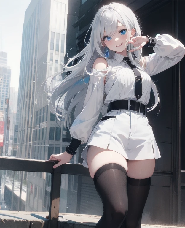 (Masterpiece, Best quality, ultra high resolution), 1 girl, Silver hair, Pale skin, Beautiful detailed face, Detailed eyes, posing on a, On a white background, Dynamic lighting, dynamic shadowing, looking at viewer, White stone punk fashion,(Posing for a photo),((White clothes)), (((black thigh highs))), jean shorts, skirt, white sweater, ((Blue eyes)), happy, smiling, black straps, black strap design, ((Long white hair)), energetic, cheerful, cityscape background, holding coffee
