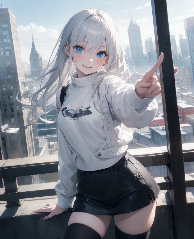 (Masterpiece, Best quality, ultra high resolution), 1 girl, Silver hair, Pale skin, Beautiful detailed face, Detailed eyes, posing on a, On a white background, Dynamic lighting, dynamic shadowing, looking at viewer, White stone punk fashion,(Posing for a photo),((White clothes)), (((black thigh highs))), jean shorts, skirt, white sweater, ((Blue eyes)), happy, smiling, black straps, black strap design, ((Long white hair)), energetic, cheerful, cityscape background, holding coffee