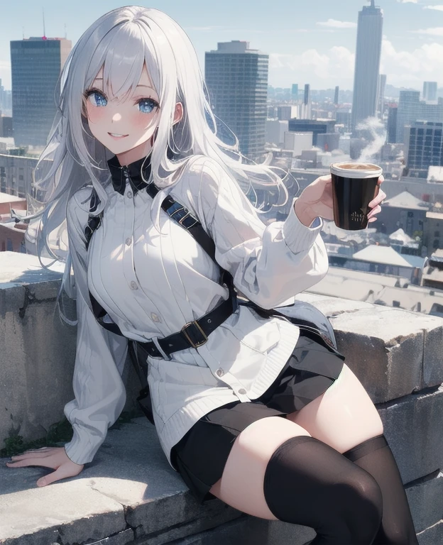 (Masterpiece, Best quality, ultra high resolution), 1 girl, Silver hair, Pale skin, Beautiful detailed face, Detailed eyes, posing on a, On a white background, Dynamic lighting, dynamic shadowing, looking at viewer, White stone punk fashion,(Posing for a photo),((White clothes)), (((black thigh highs))), jean shorts, skirt, white sweater, ((Blue eyes)), happy, smiling, black straps, black strap design, ((Long white hair)), energetic, cheerful, cityscape background, holding coffee