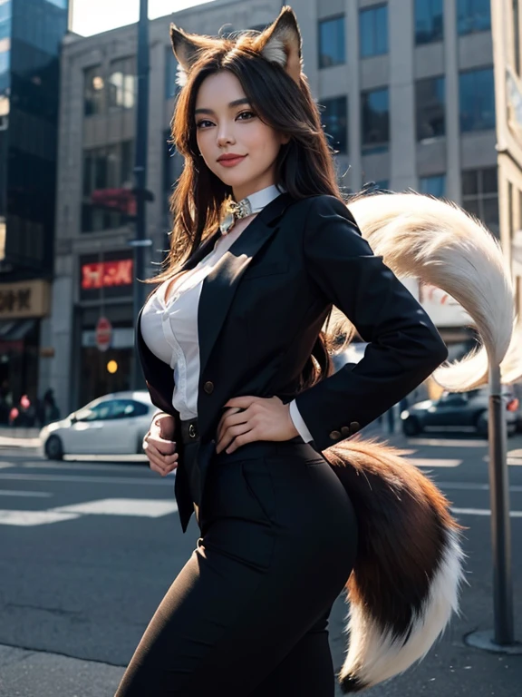 ((highest quality, 32k)), ((masterpiece)), (Get used to it), Perfect Face, Fox Girl, Beautiful woman, public, Has a tail, She has a fox tail, She wags her fluffy tail, smile, collar, She wears a business suit, Beautiful hip line, A tail sticking out from a business suit, Large Breasts, Big Ass
