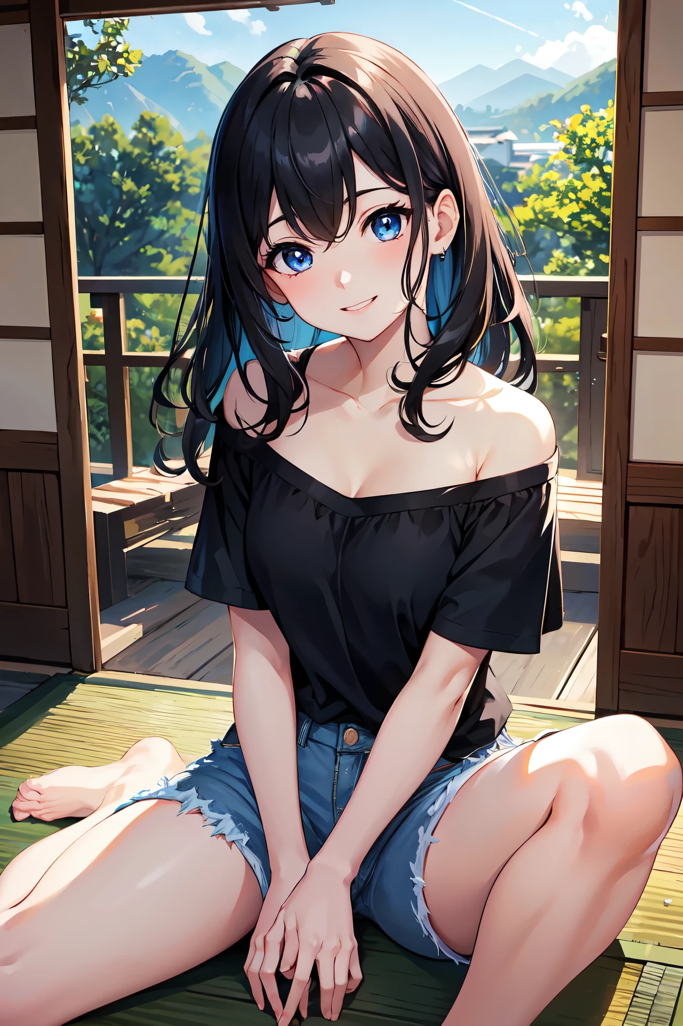 CG, Unity, 8k, wallpaper, highest quality,sunlight、Perfect lighting、 masterpiece, haruka amami, (smile: 1.2), 1 high school girl、Black Hair、Curly Hair、Blue Eyes、Dense lips、Black T-shirt、Off the shoulder、 BREAK denim shorts, barefoot, Thighs, Best lighting, Complex pupil, Complex weaving, Detailed Background, Japanese countryside, night、Starry Sky🌌、