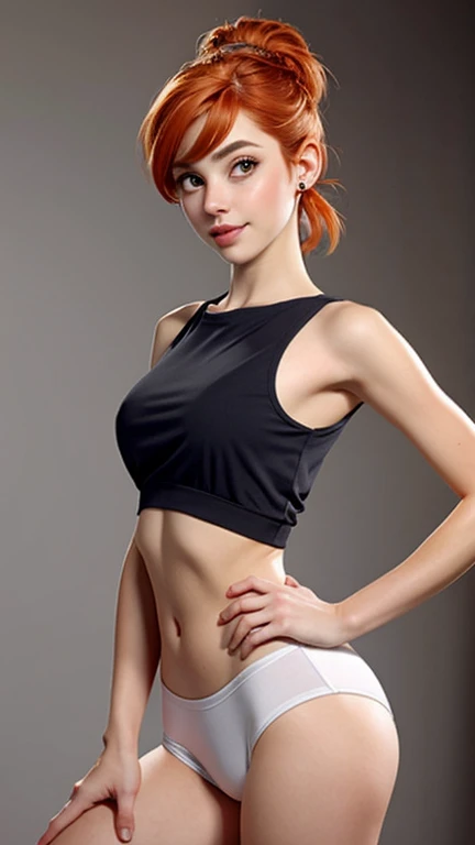 best quality, 8k, high quality, detailed, intricate, 18 yo wilma flintstone, sexy, orange hair, hair tied up, eyeshadow, oval face, snub nose, heart-shaped lips, arched eyebrows, small  breasts , leaning down towards the camera, thin and small waist, very wide hips, curvy, hourglass body, she is wearing a sheer low cut t-shirt, white boyshorts panties