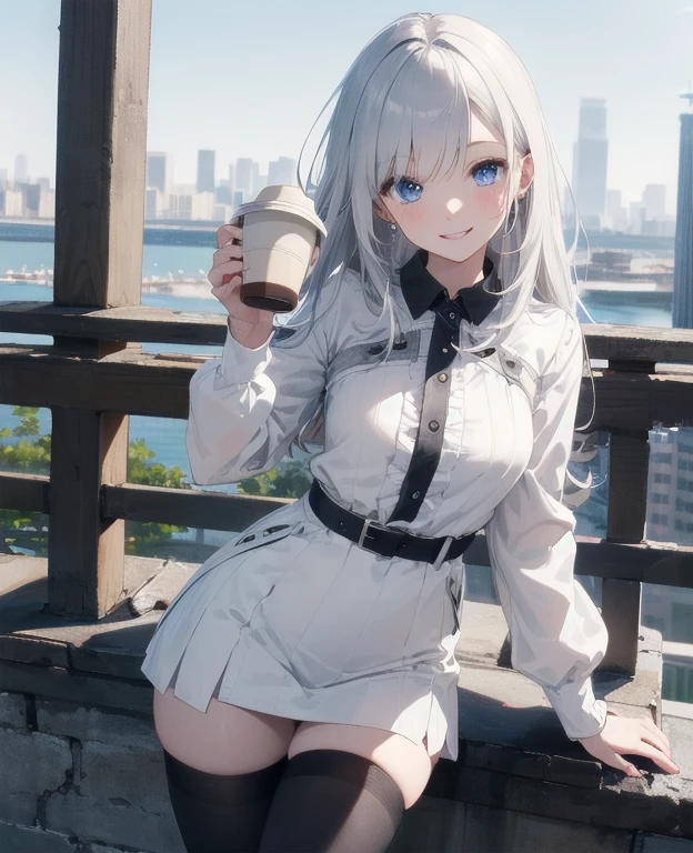 (Masterpiece, Best quality, ultra high resolution), 1 girl, Silver hair, Pale skin, Beautiful detailed face, Detailed eyes, posing on a, On a white background, Dynamic lighting, dynamic shadowing, looking at viewer, White stone punk fashion,(Posing for a photo),((White clothes)), (((black thigh highs))), jean shorts, skirt, white sweater, ((Blue eyes)), happy, smiling, black straps, black strap design, ((Long white hair)), energetic, cheerful, cityscape background, holding coffee