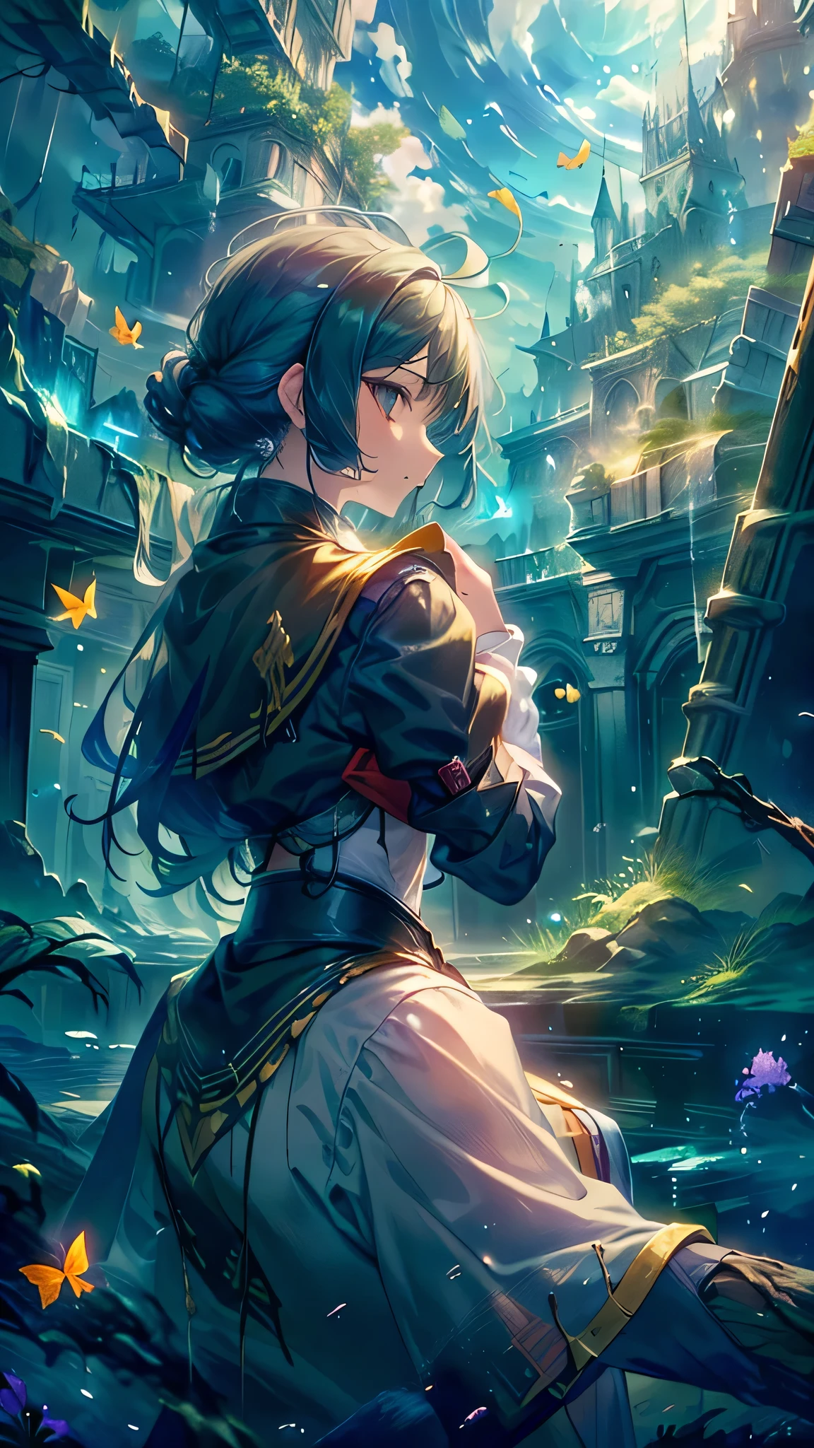 original, (masterpiece), (figure), (Very nice and beautiful), (Perfect detail), (Unity CG 8K Wallpaper:1.05), (Beautiful and clear background:1.25), (Depth of written boundary:0.7),One girl,Fun Shy , (Stand along the river:1.15).(Hair blowing in the wind:1.1),Butterflies are flying around, (Moonlight:0.6), wood, (summer), (night:1.2), (close:0.35), (gloves:0.8), alone ,